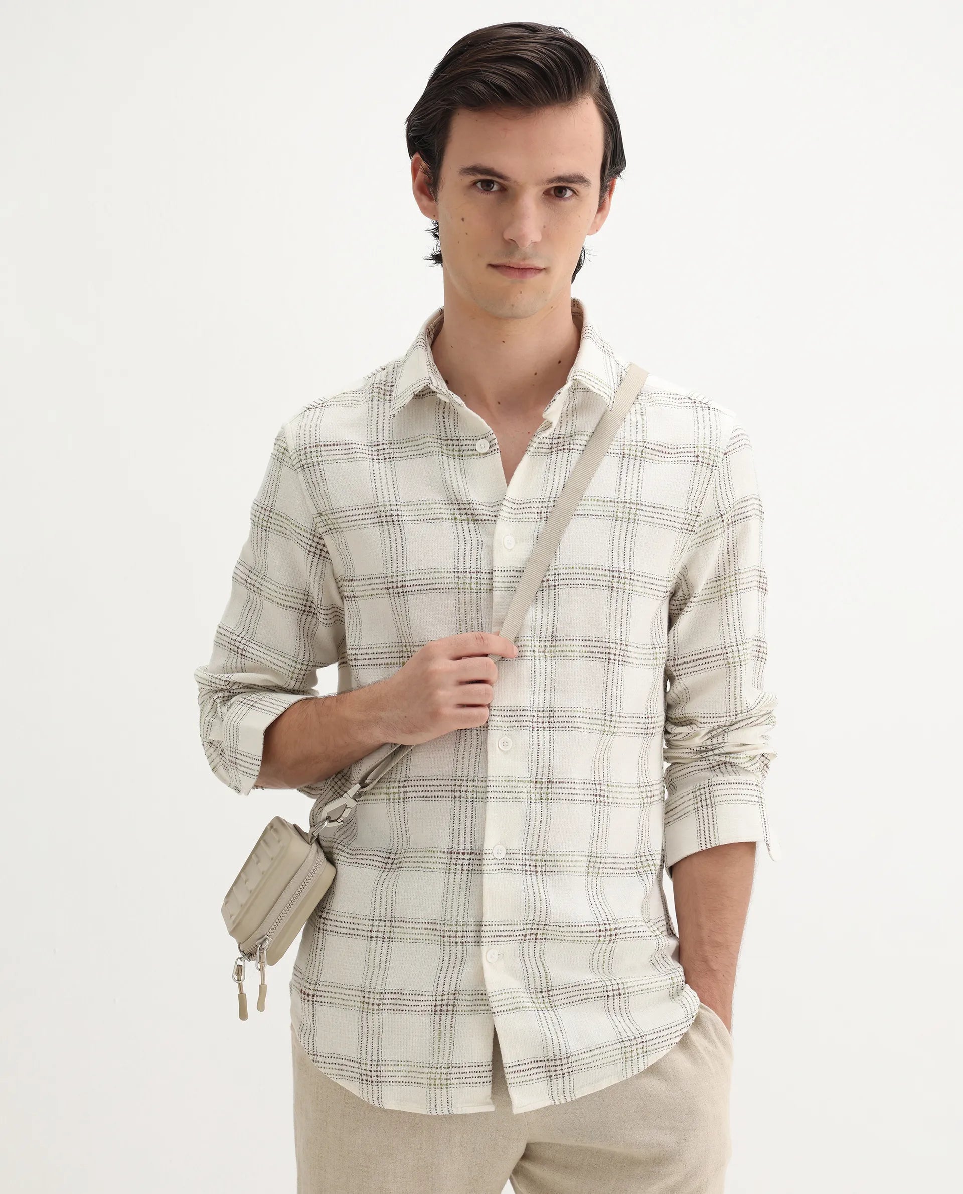 Rare Rabbit Men's Brule White Polyester Blend Checked Print Regular Fit Full Sleeve Collared Shirt