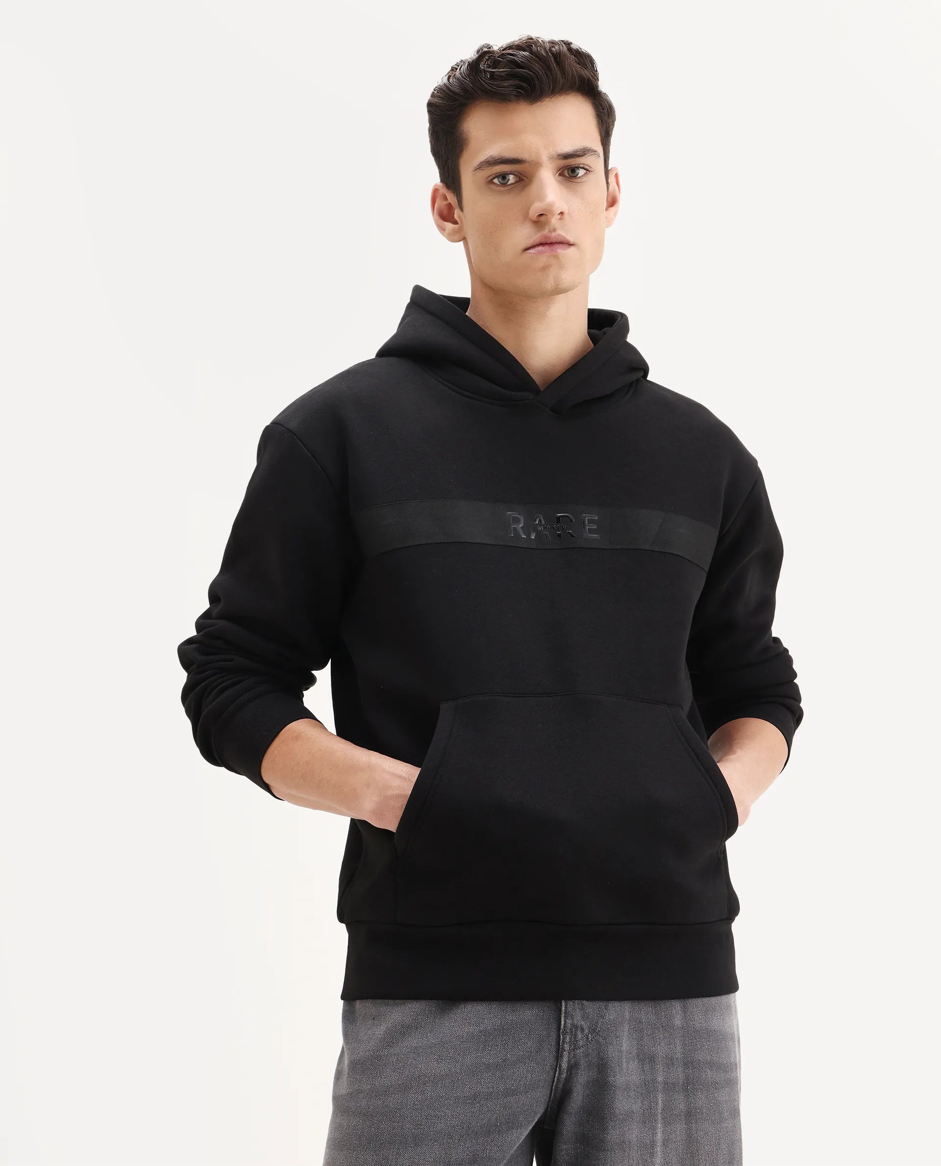 Rare Rabbit Men's Brun Black Cotton Blend Graphic Print Relaxed Fit Full Sleeve Hooded Sweatshirt