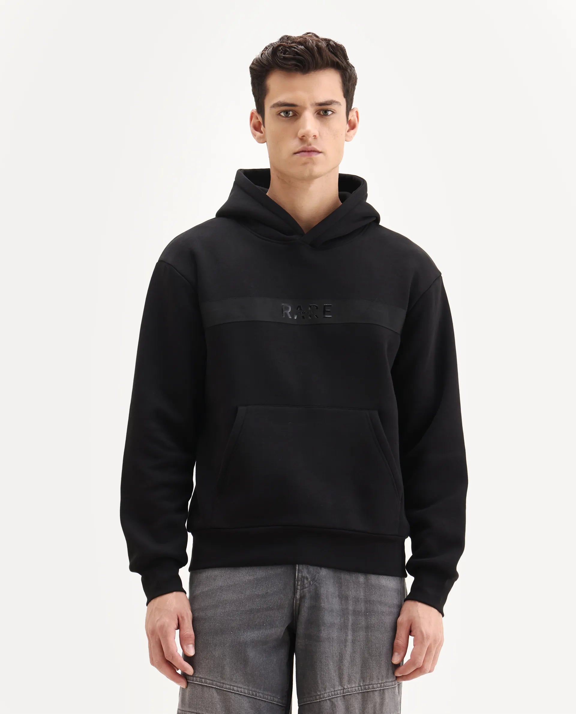 Rare Rabbit Men's Brun Black Cotton Blend Graphic Print Relaxed Fit Full Sleeve Hooded Sweatshirt