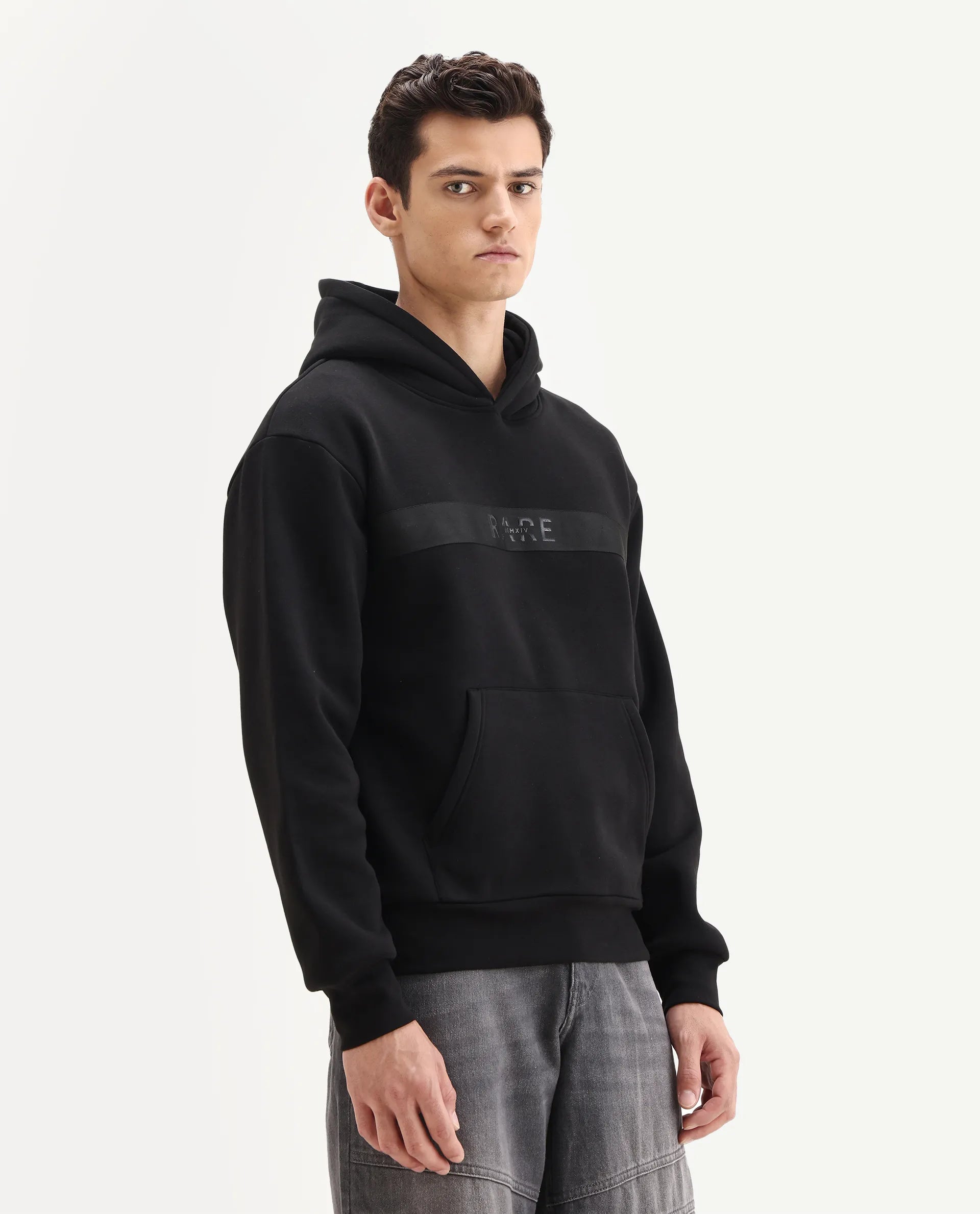 Rare Rabbit Men's Brun Black Cotton Blend Graphic Print Relaxed Fit Full Sleeve Hooded Sweatshirt