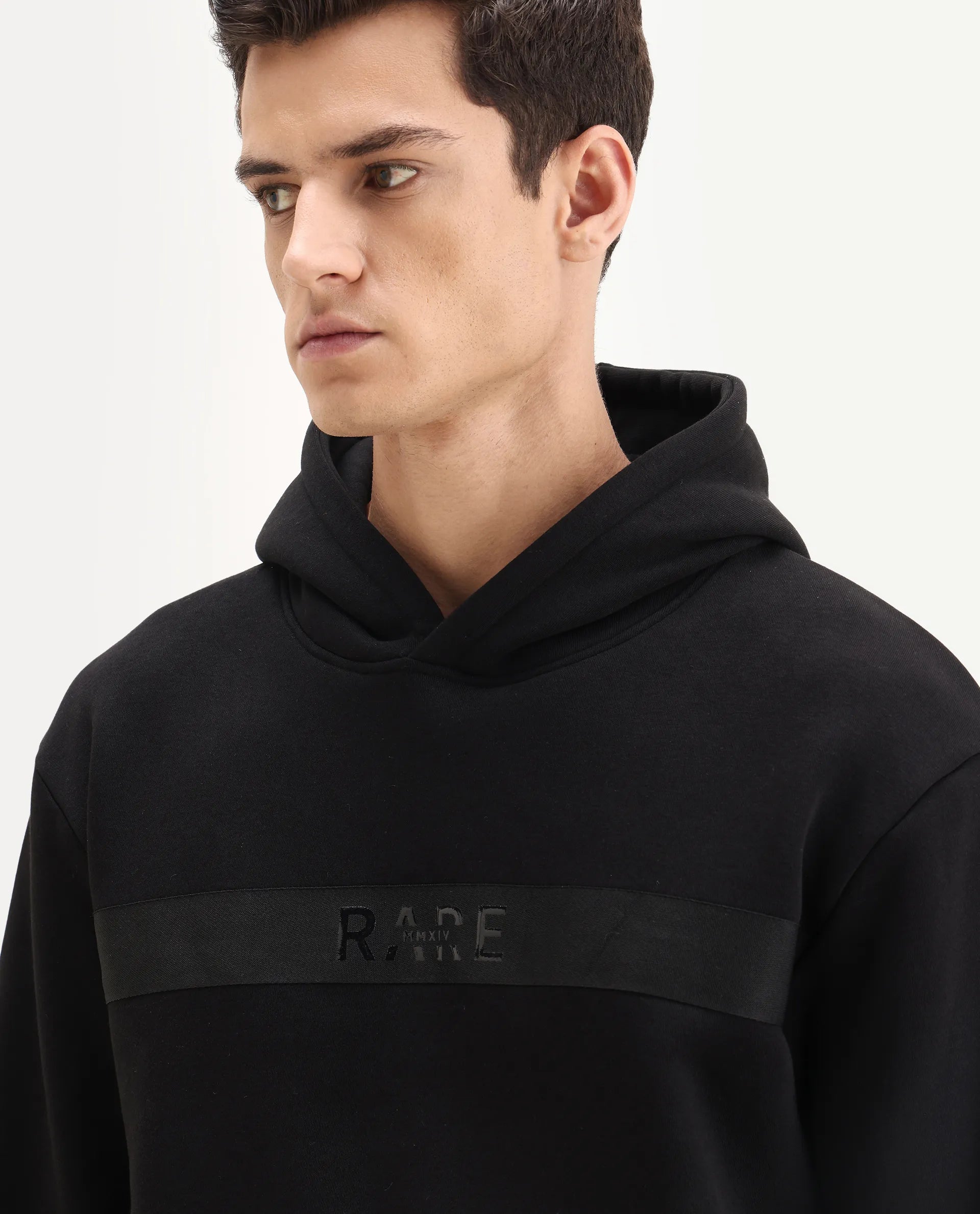 Rare Rabbit Men's Brun Black Cotton Blend Graphic Print Relaxed Fit Full Sleeve Hooded Sweatshirt