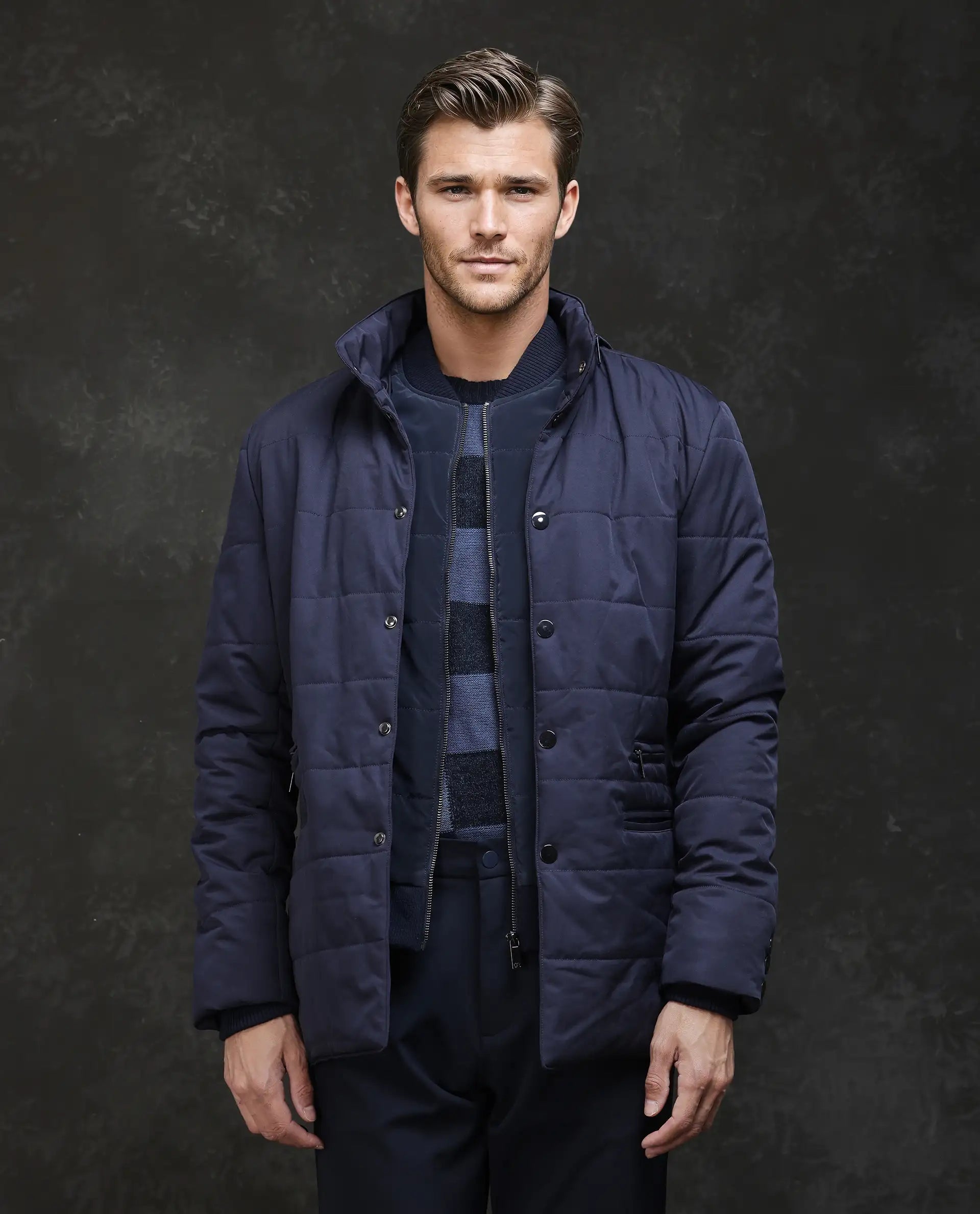 Rare Rabbit Men Brunel Navy Polyester Fabric Full Sleeve High Neck Button And Zip Closure Plain Jacket