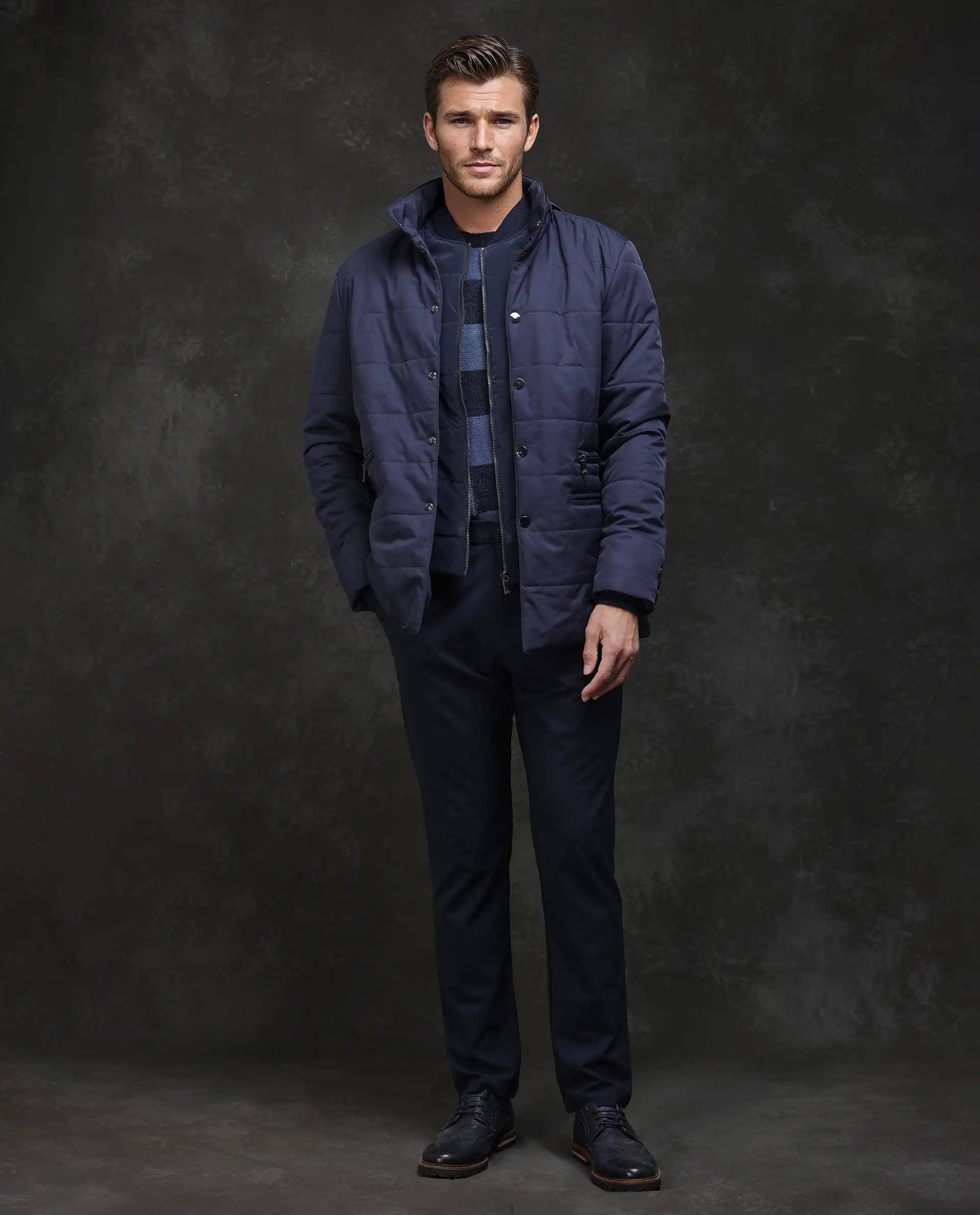 Rare Rabbit Men Brunel Navy Polyester Fabric Full Sleeve High Neck Button And Zip Closure Plain Jacket