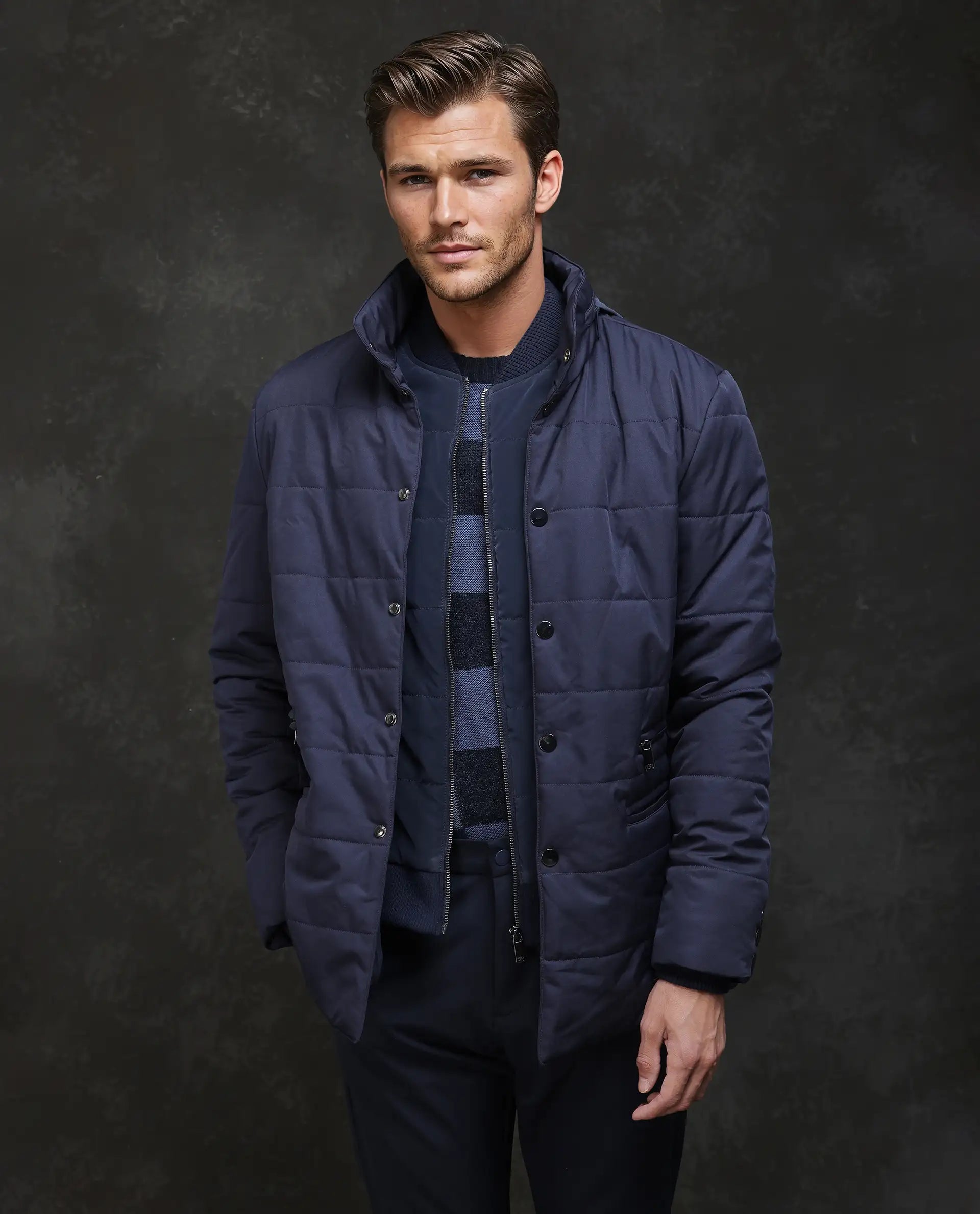 Rare Rabbit Men Brunel Navy Polyester Fabric Full Sleeve High Neck Button And Zip Closure Plain Jacket
