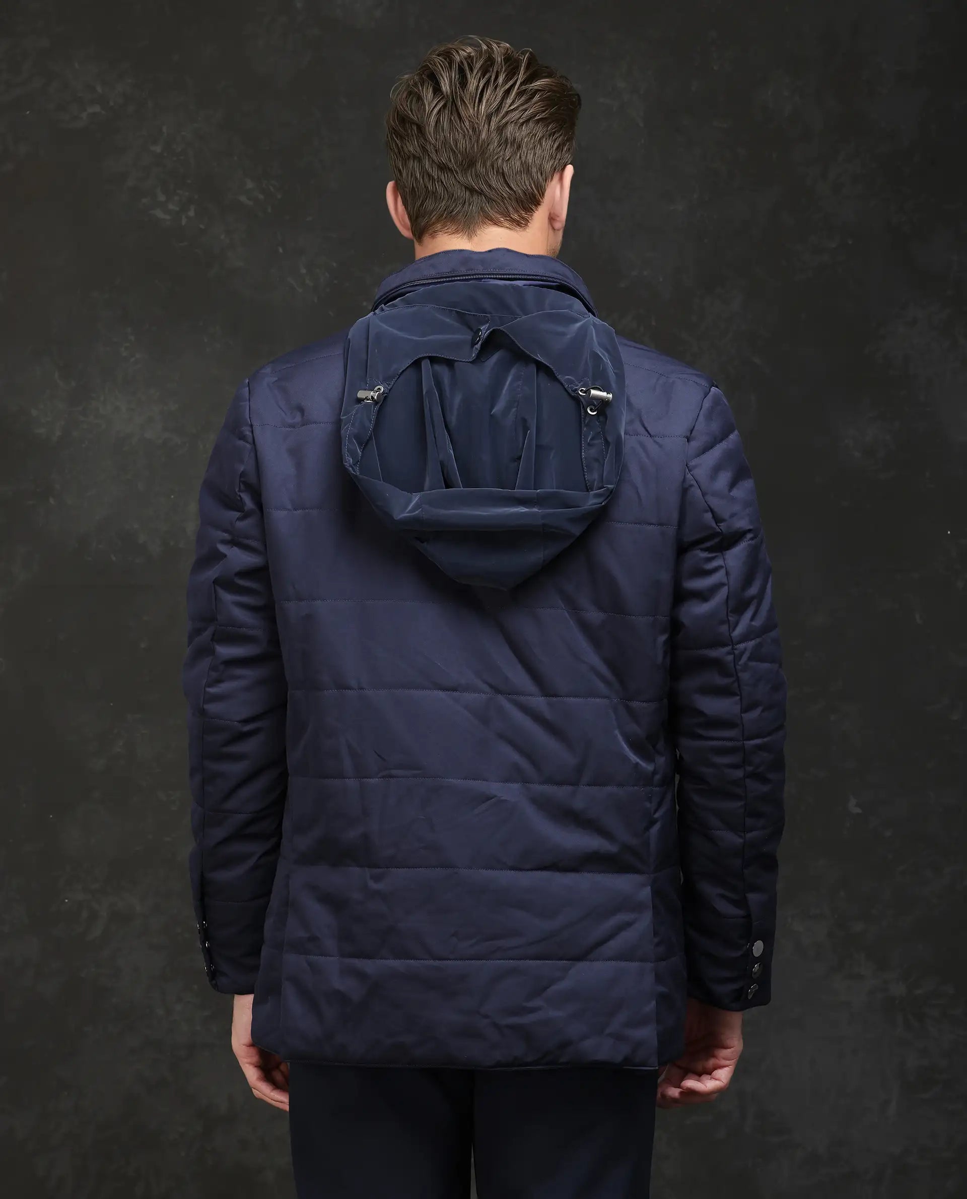 Rare Rabbit Men Brunel Navy Polyester Fabric Full Sleeve High Neck Button And Zip Closure Plain Jacket