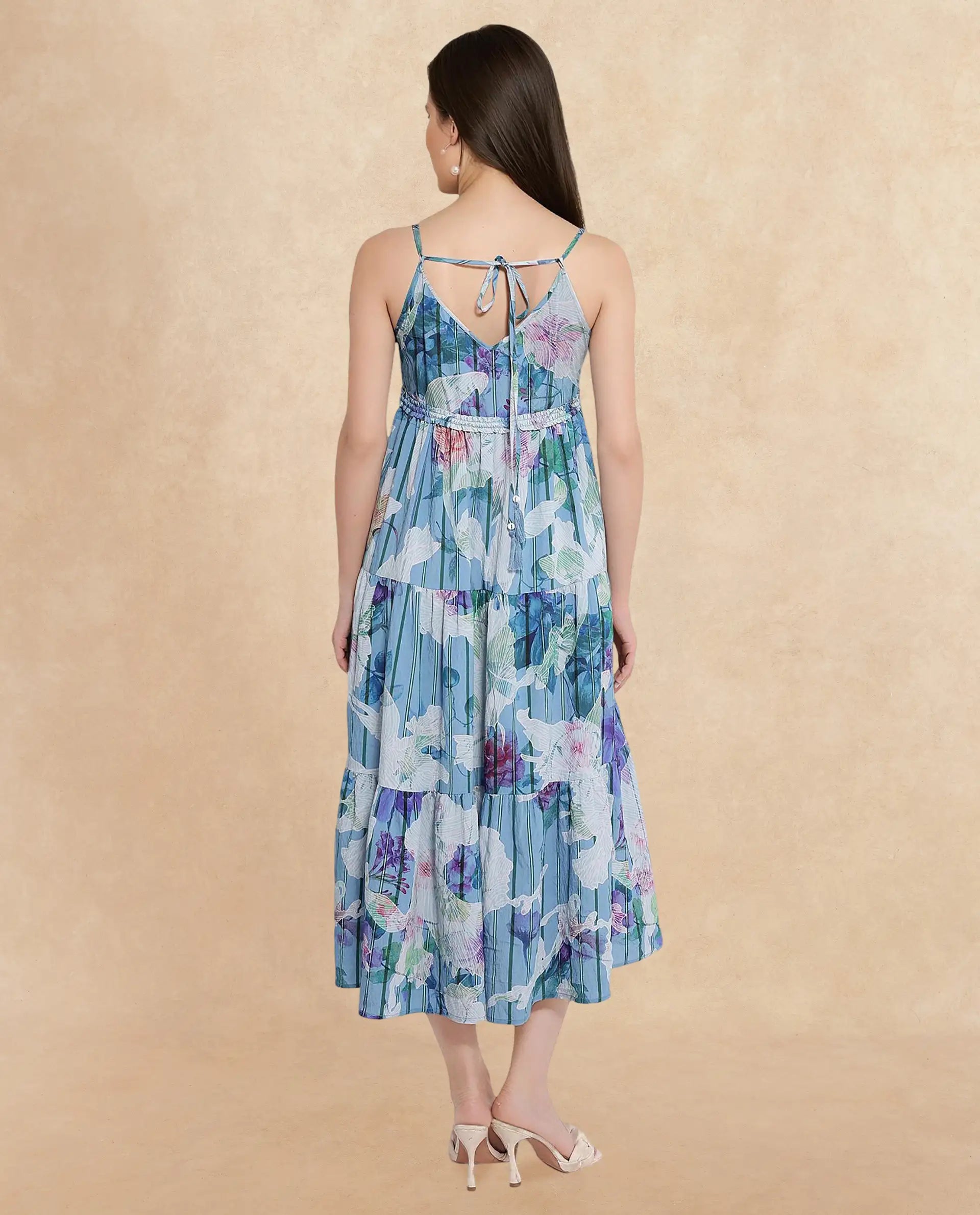 Rareism Women Btewart-SC Blue Shoulder Straps Shoulder Straps Zipper Closure Fit And Flare Floral Print Midi Dress