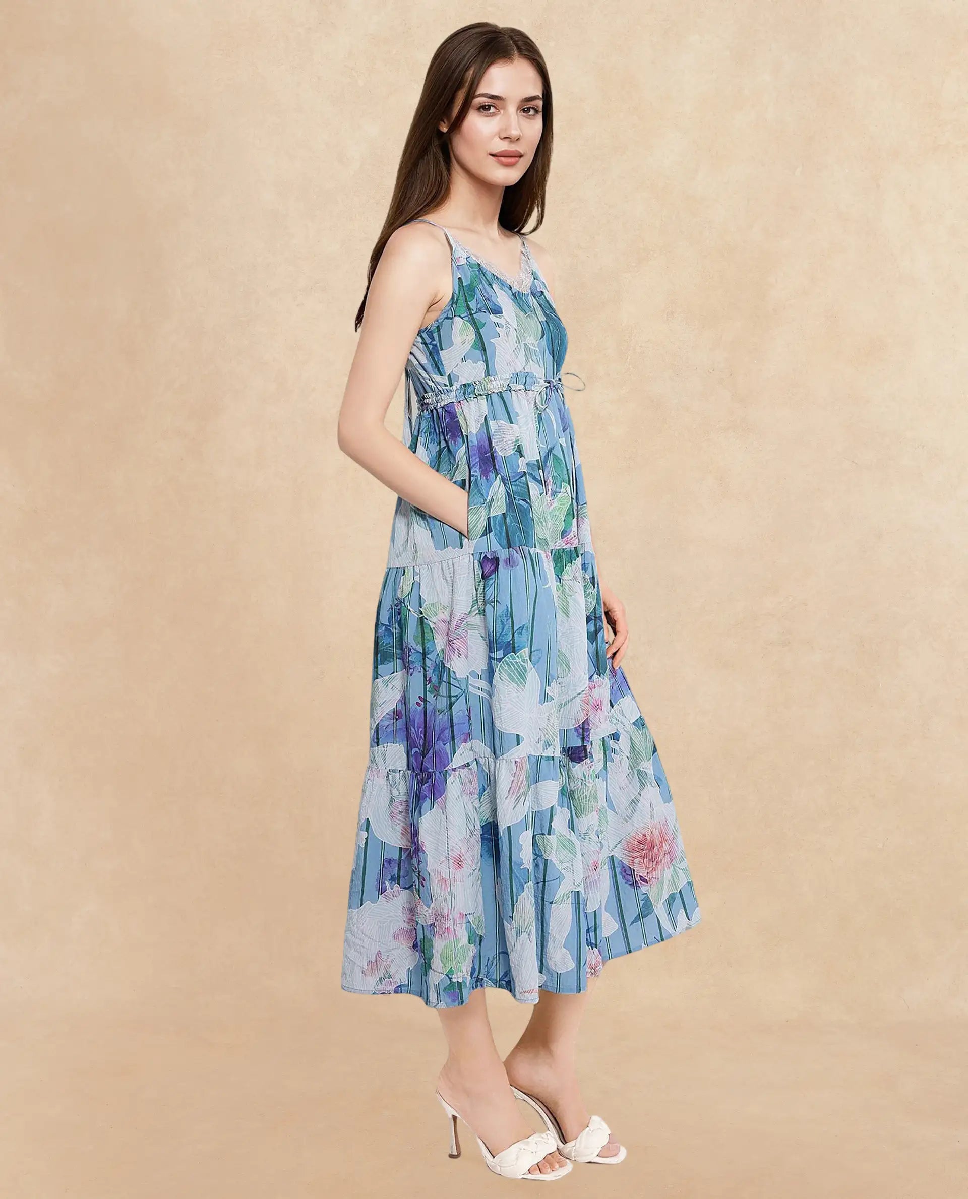 Rareism Women Btewart-SC Blue Shoulder Straps Shoulder Straps Zipper Closure Fit And Flare Floral Print Midi Dress