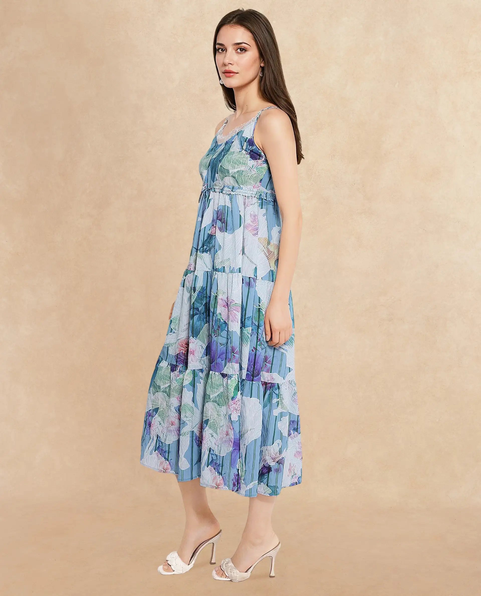 Rareism Women Btewart-SC Blue Shoulder Straps Shoulder Straps Zipper Closure Fit And Flare Floral Print Midi Dress