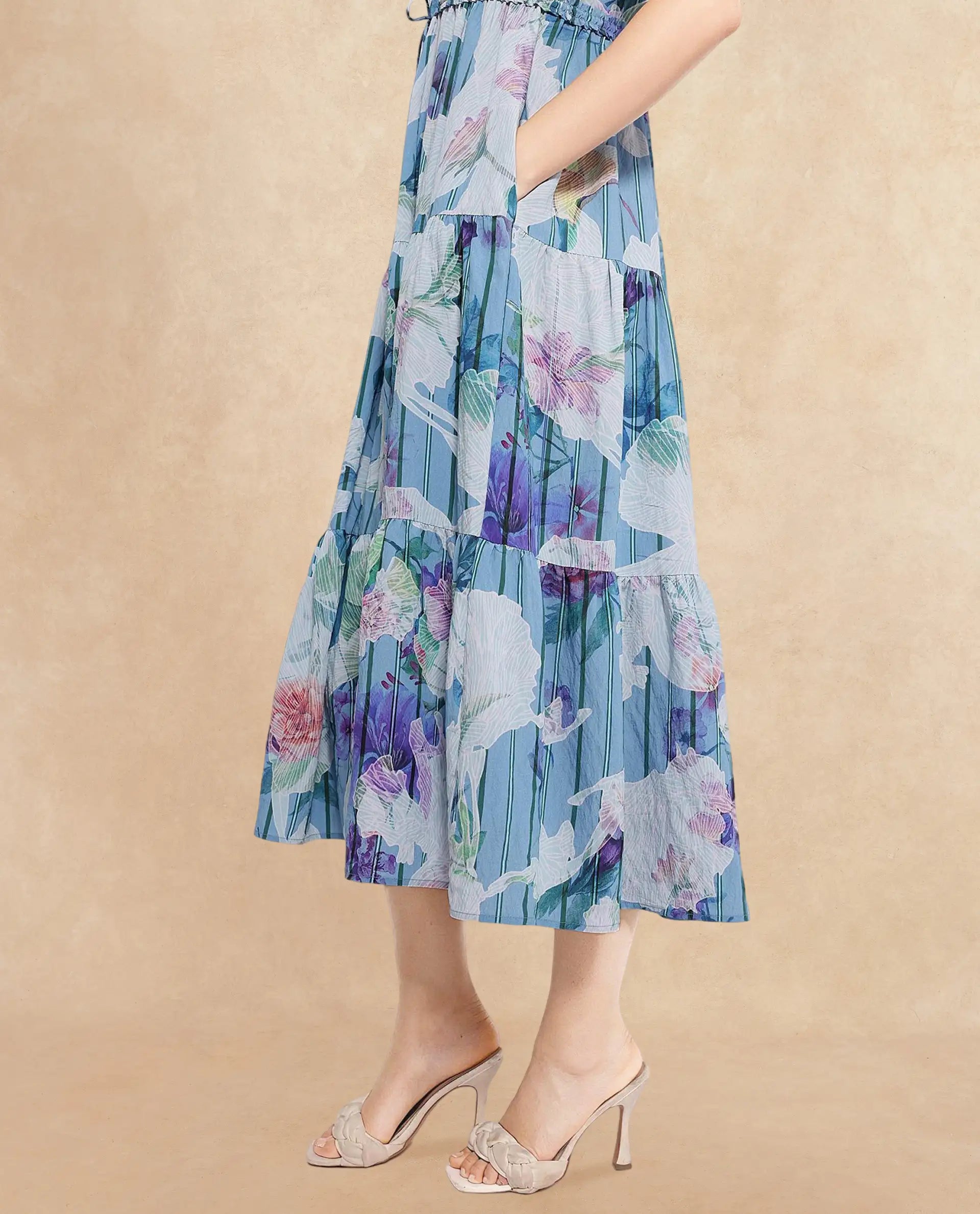 Rareism Women Btewart-SC Blue Shoulder Straps Shoulder Straps Zipper Closure Fit And Flare Floral Print Midi Dress