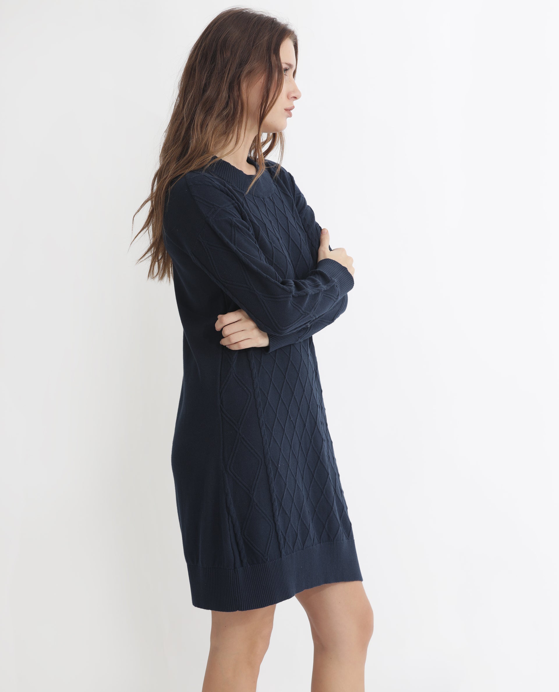 Rareism Women Budd Navy Cotton Fabric Full Sleeves Knee Length Regular Fit Solid Round Neck Sweater