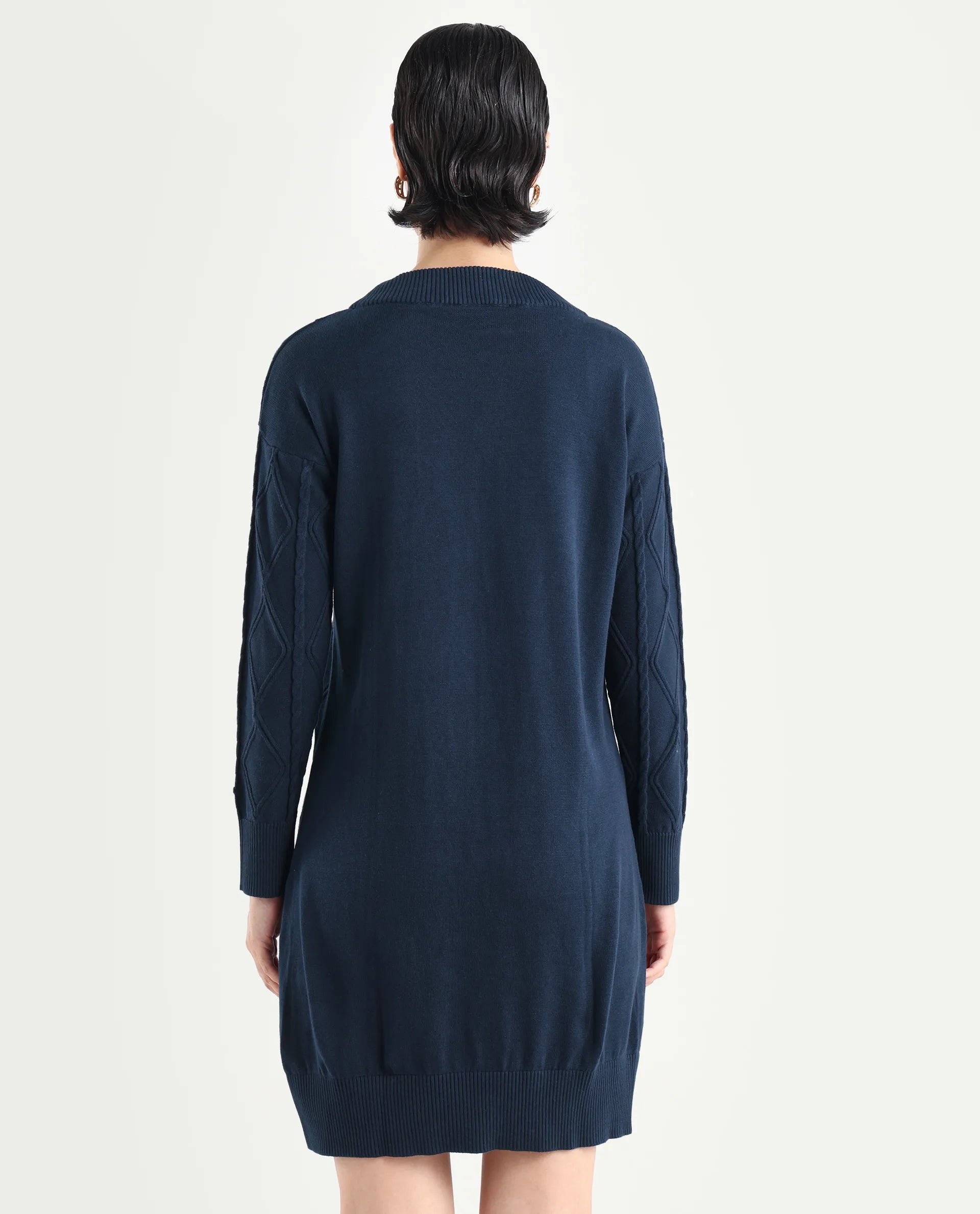 Rareism Women's Budd Navy Cotton Crew Neck Plain Knee Length Regular Fit Sweater