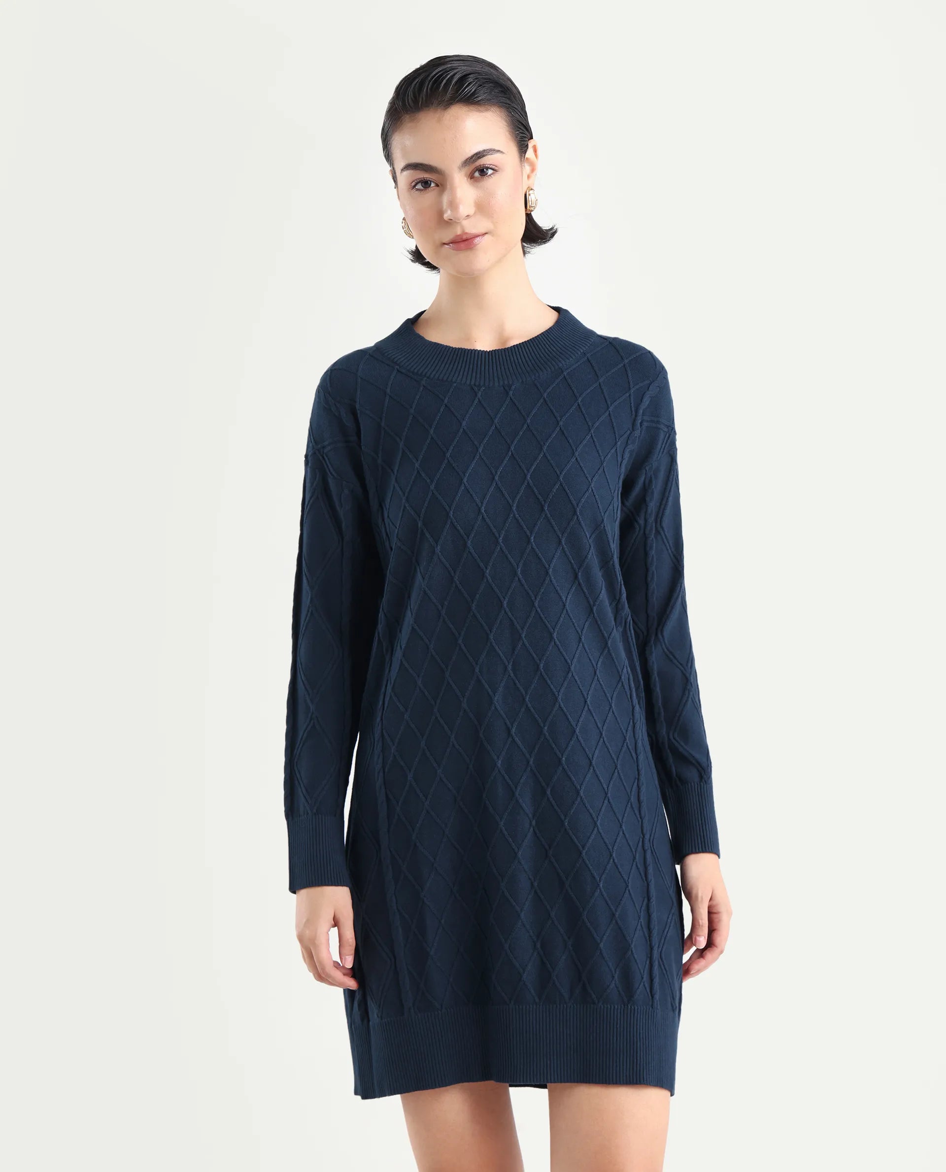 Rareism Women's Budd Navy Cotton Crew Neck Plain Knee Length Regular Fit Sweater