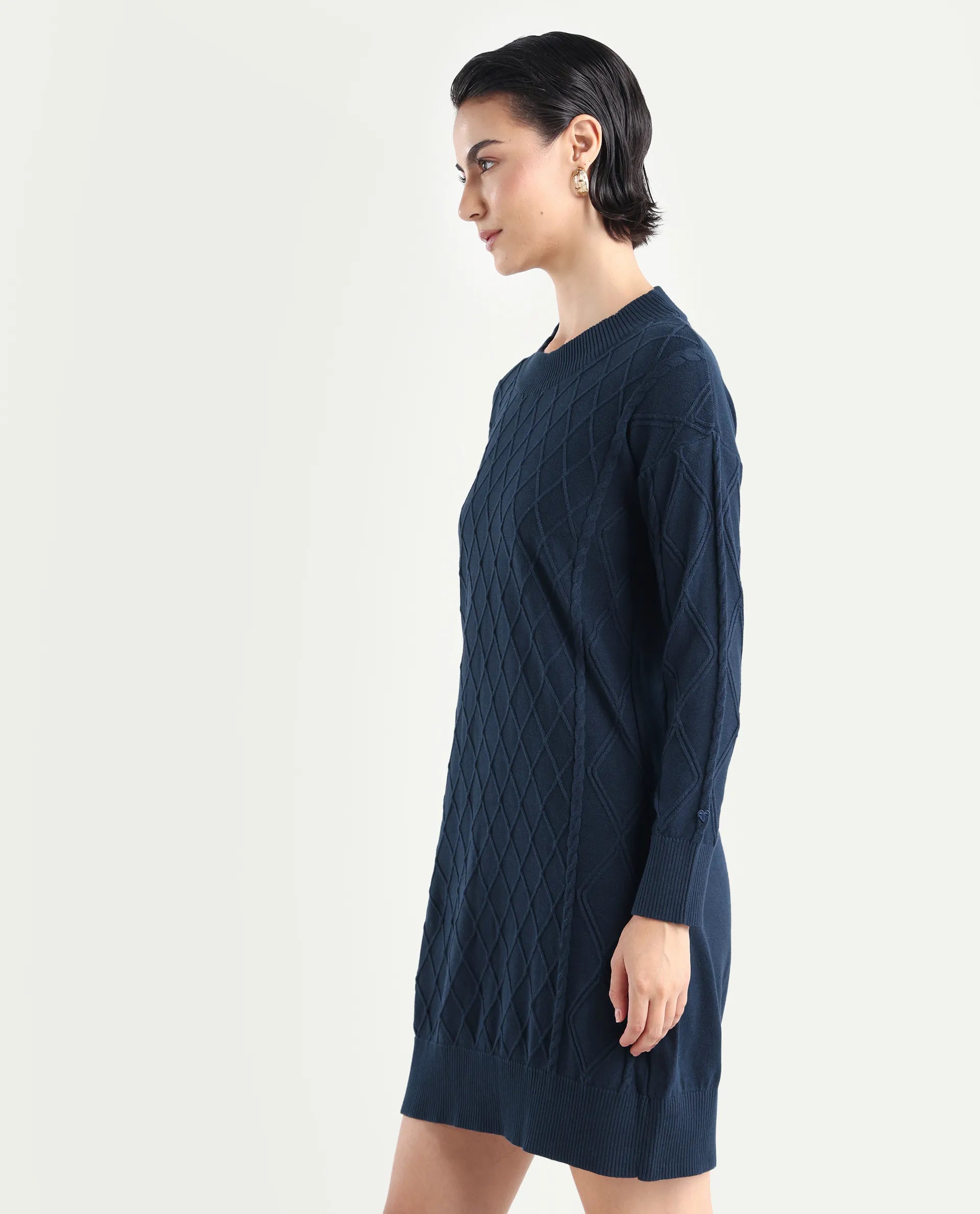 Rareism Women's Budd Navy Cotton Crew Neck Plain Knee Length Regular Fit Sweater