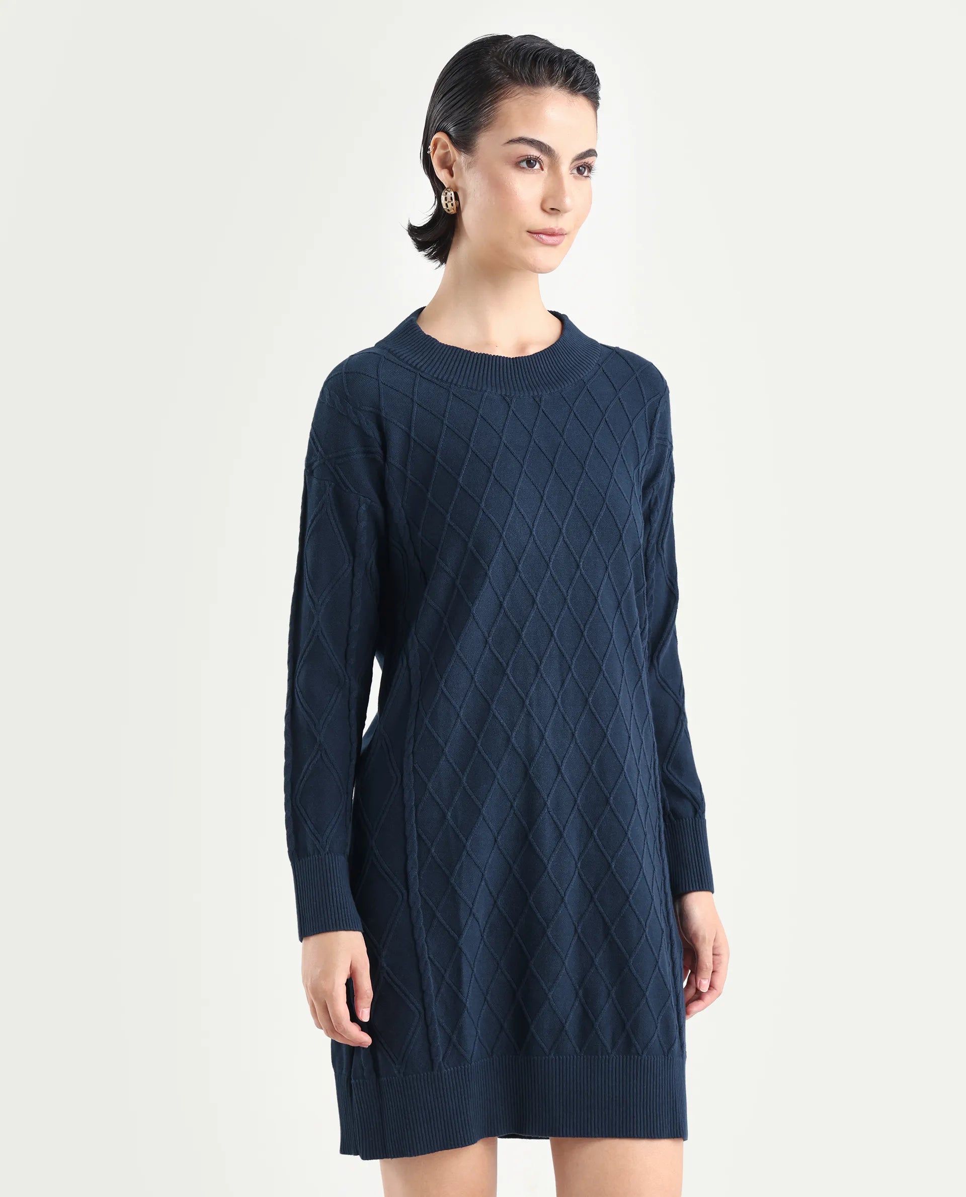 Rareism Women's Budd Navy Cotton Crew Neck Plain Knee Length Regular Fit Sweater