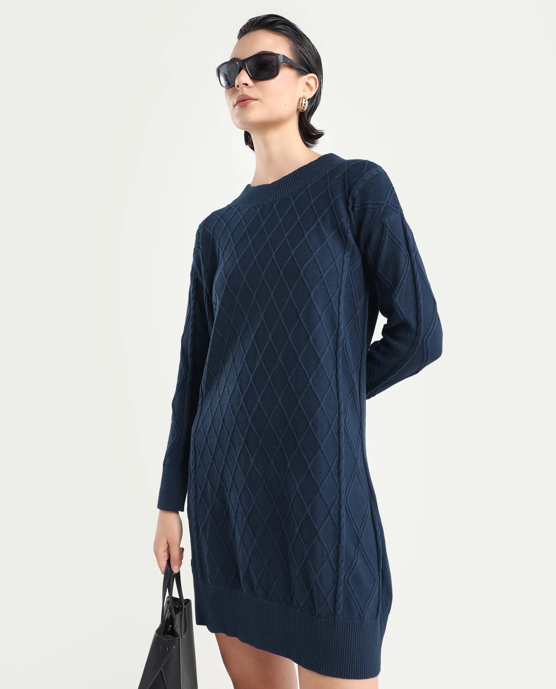 Rareism Women's Budd Navy Cotton Crew Neck Plain Knee Length Regular Fit Sweater