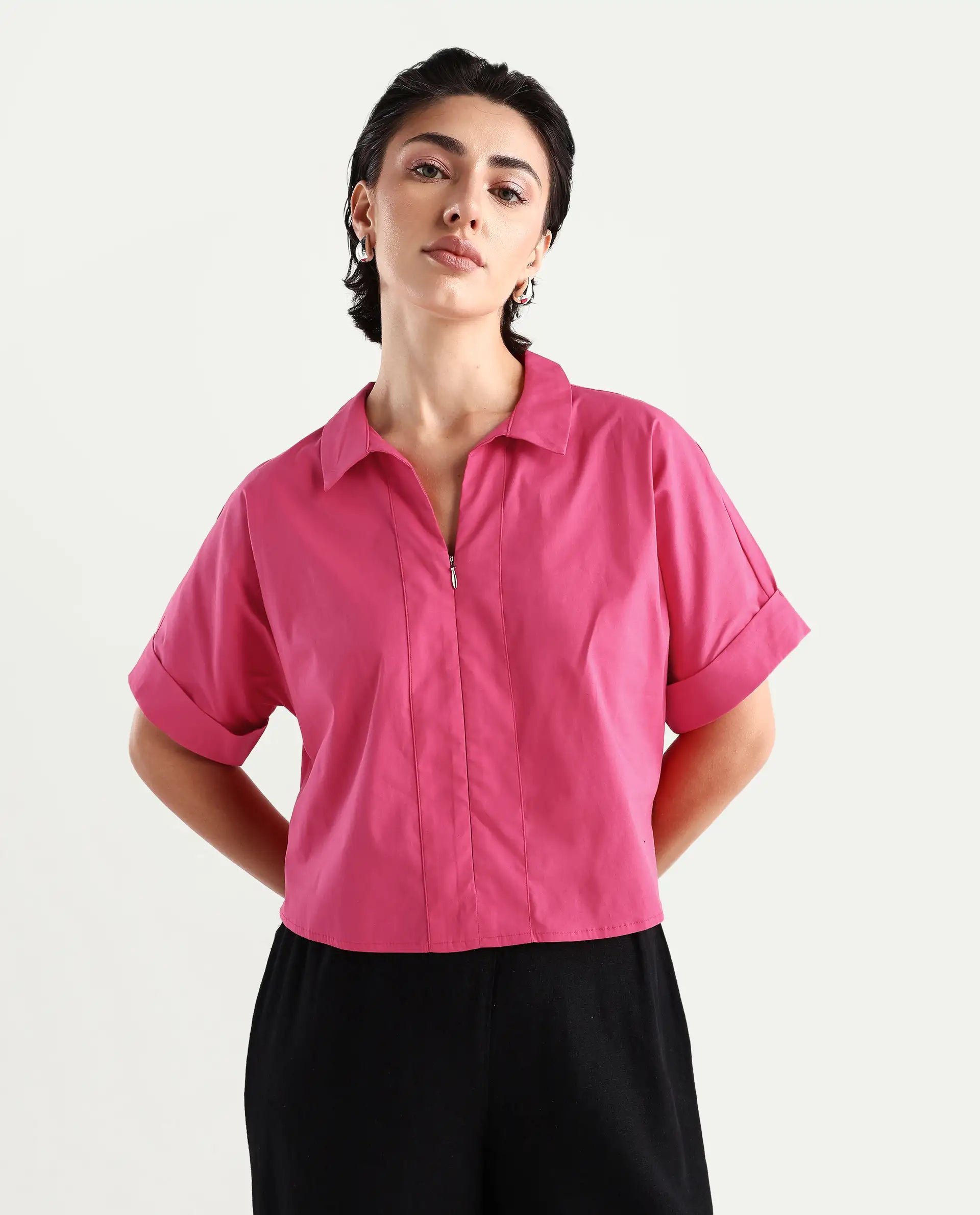 Rareism Women's Buener Pink Cotton Blend Drop Collar Plain Extended Sleeves Crop Boxy Fit Top