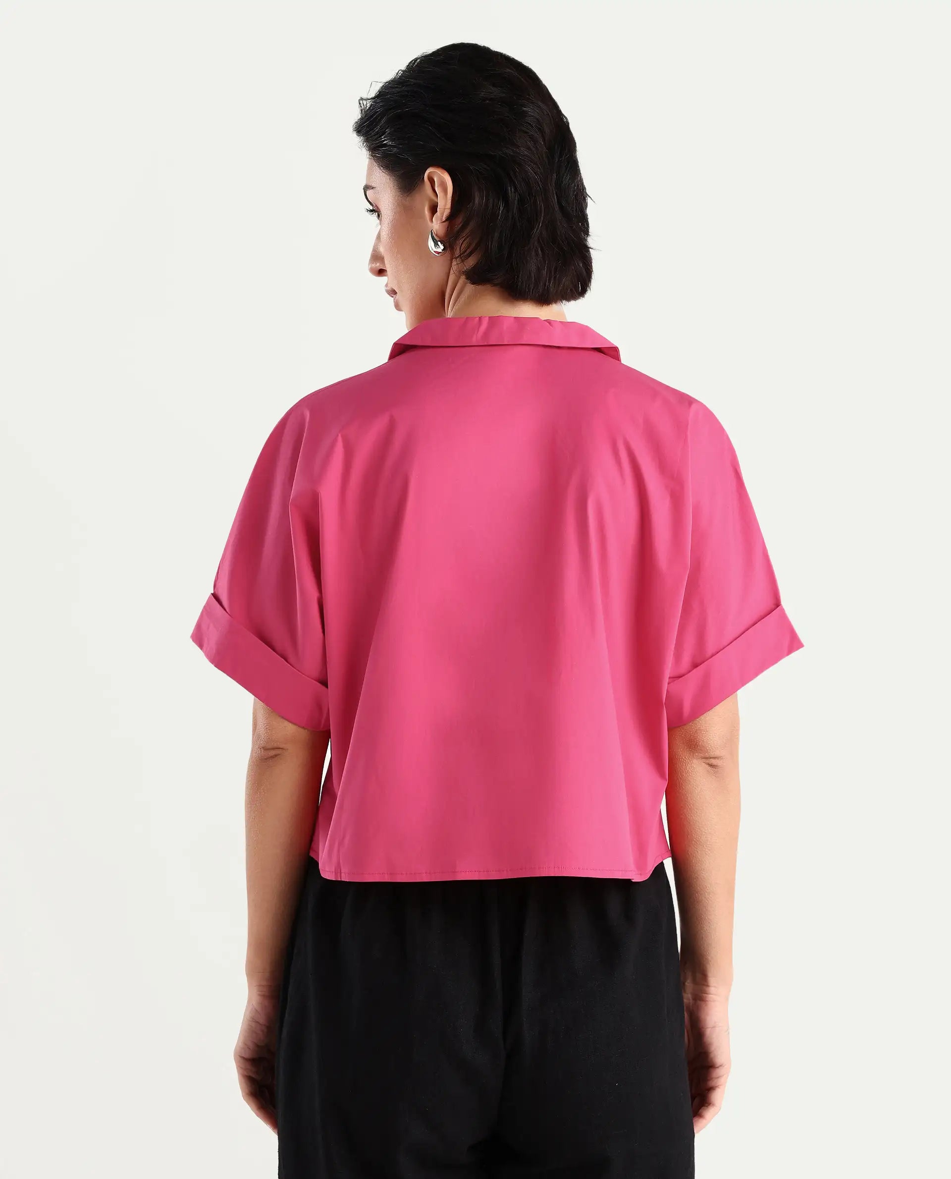 Rareism Women's Buener Pink Cotton Blend Drop Collar Plain Extended Sleeves Crop Boxy Fit Top