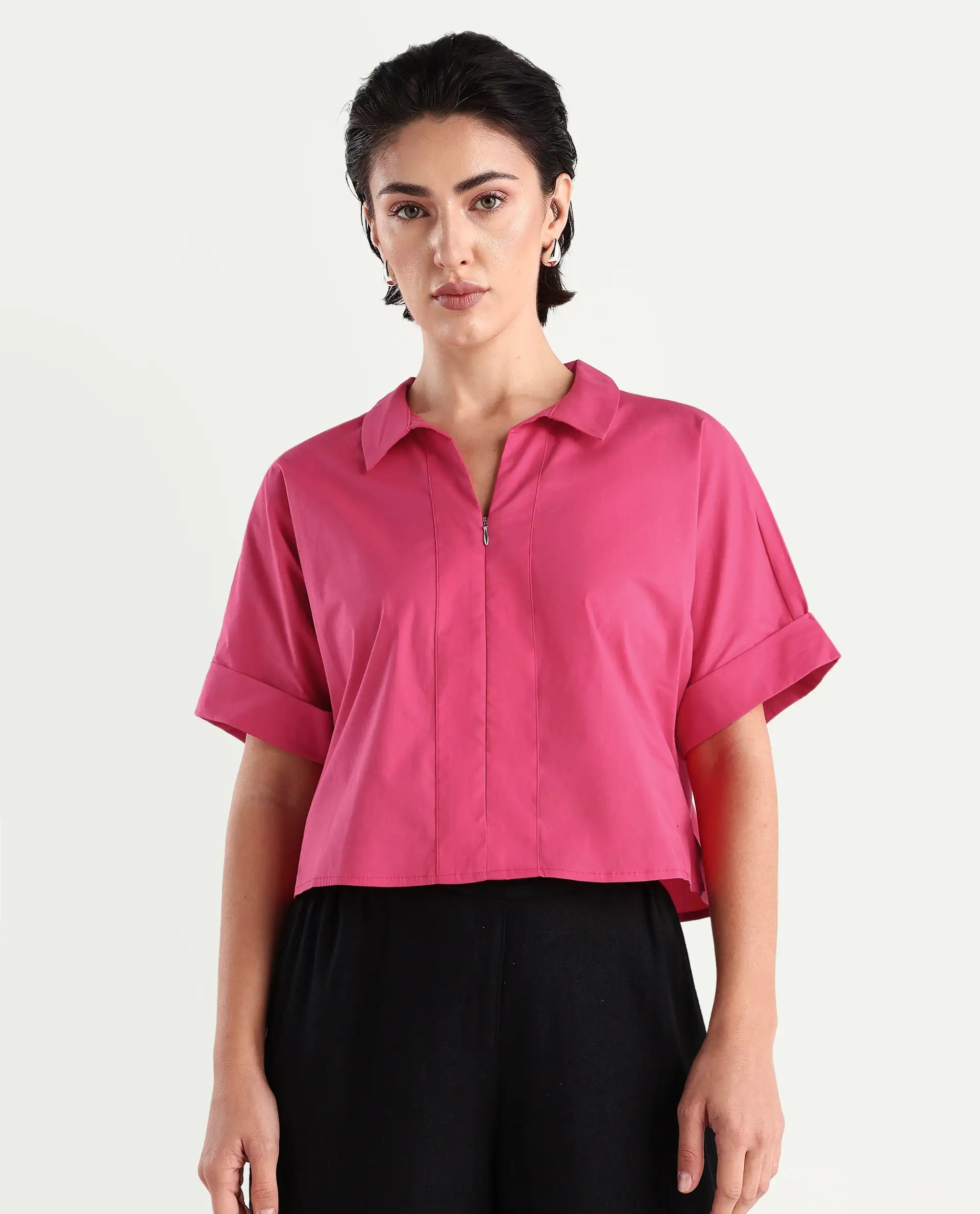 Rareism Women's Buener Pink Cotton Blend Drop Collar Plain Extended Sleeves Crop Boxy Fit Top