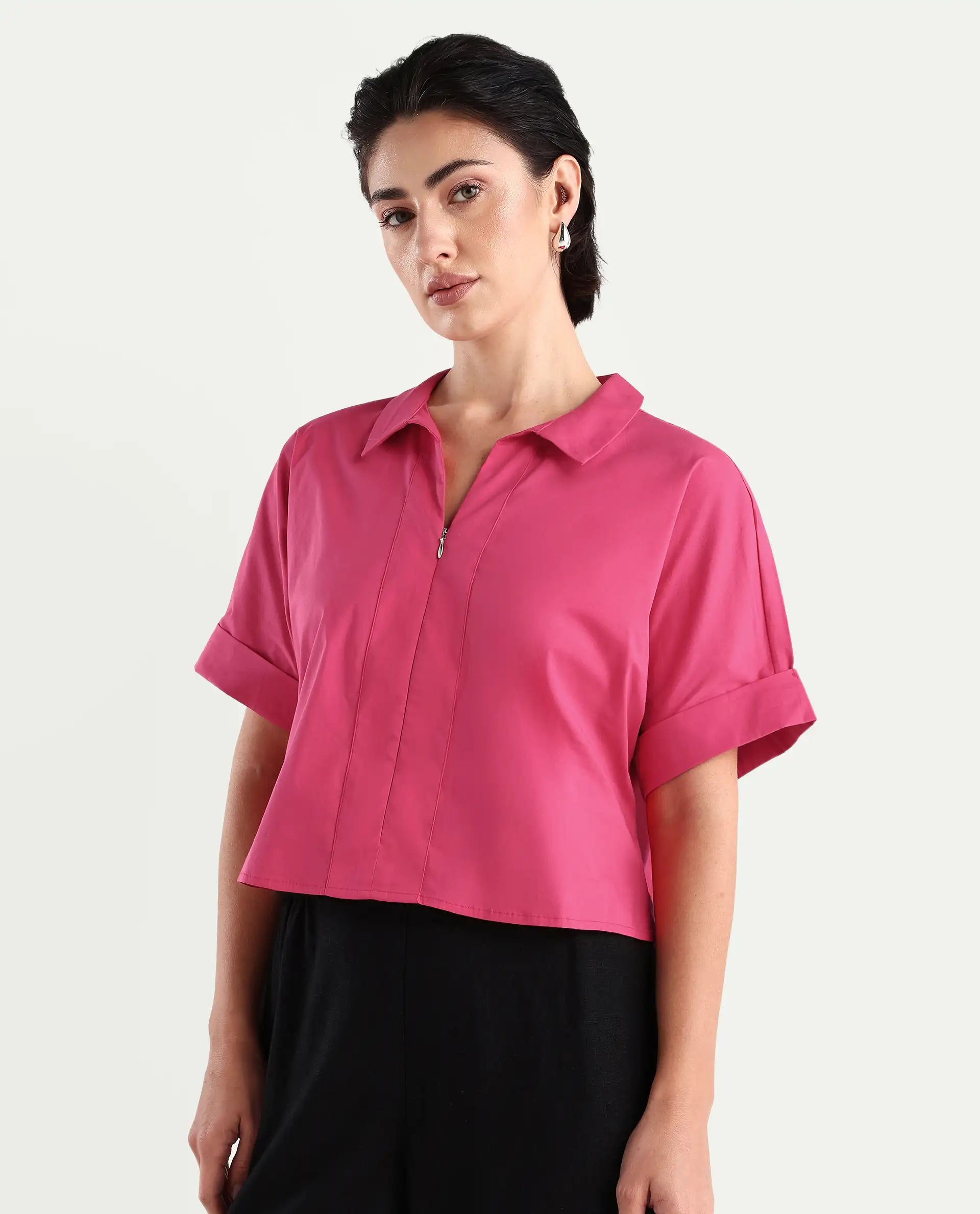 Rareism Women's Buener Pink Cotton Blend Drop Collar Plain Extended Sleeves Crop Boxy Fit Top