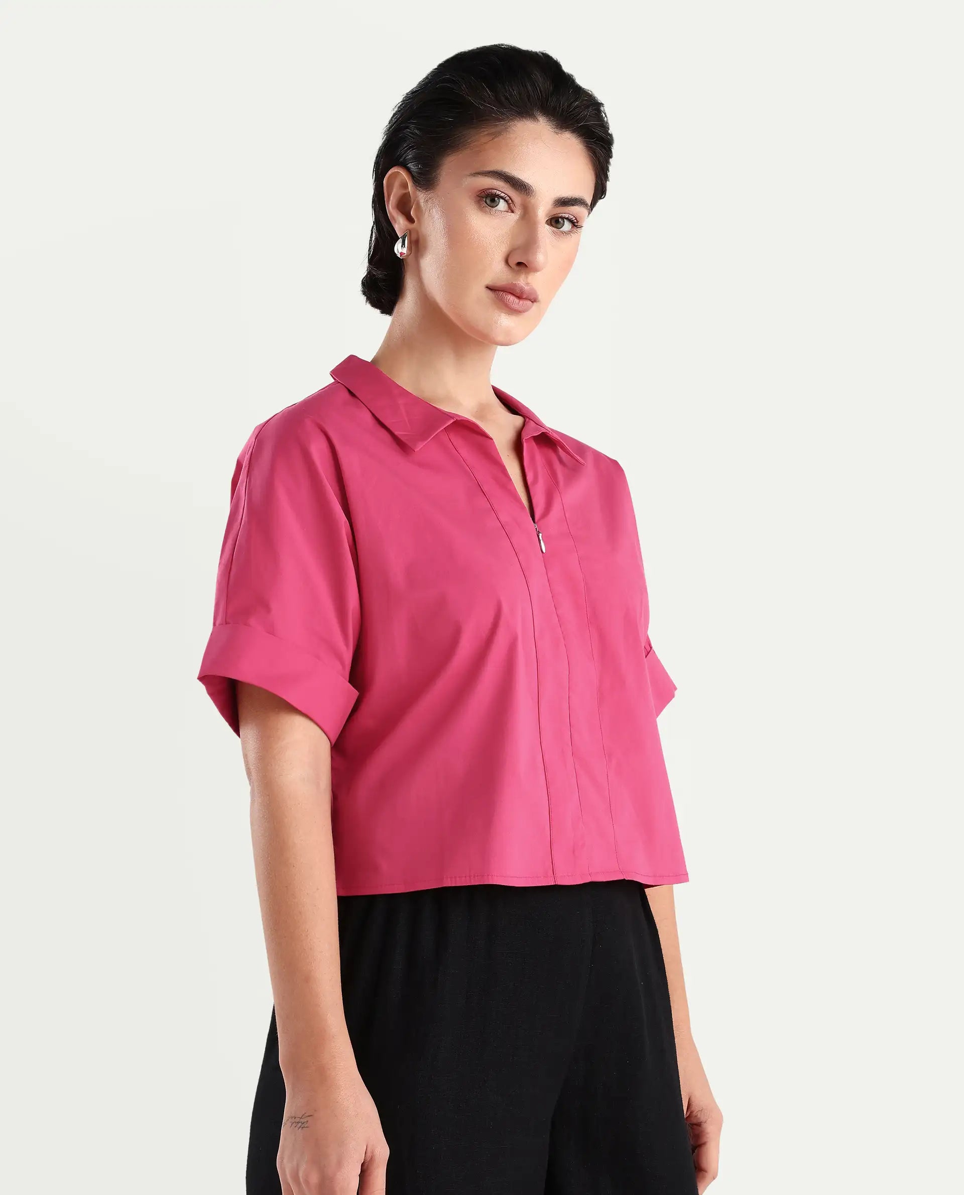 Rareism Women's Buener Pink Cotton Blend Drop Collar Plain Extended Sleeves Crop Boxy Fit Top