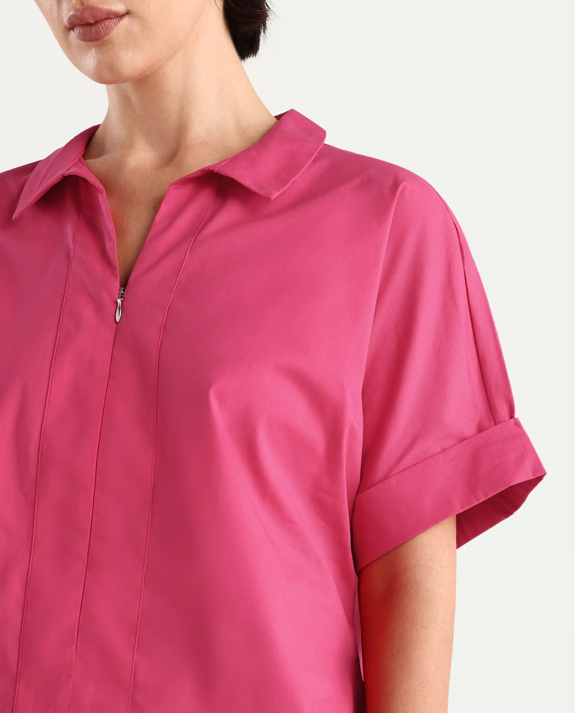 Rareism Women's Buener Pink Cotton Blend Drop Collar Plain Extended Sleeves Crop Boxy Fit Top