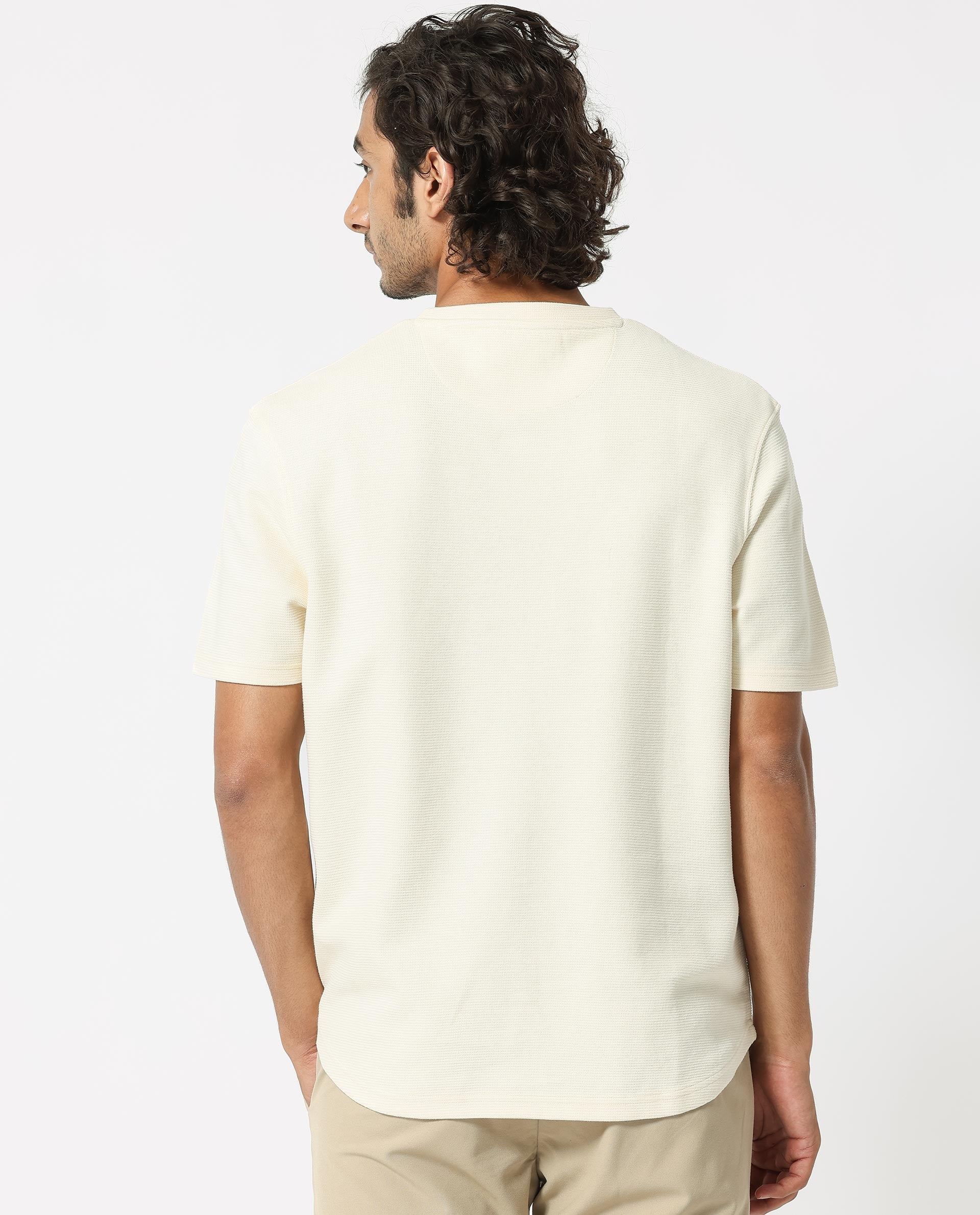 Rare Rabbit Men's Buenos Beige Solid Crew Neck Drop Shoulder Half Sleeves T-Shirt