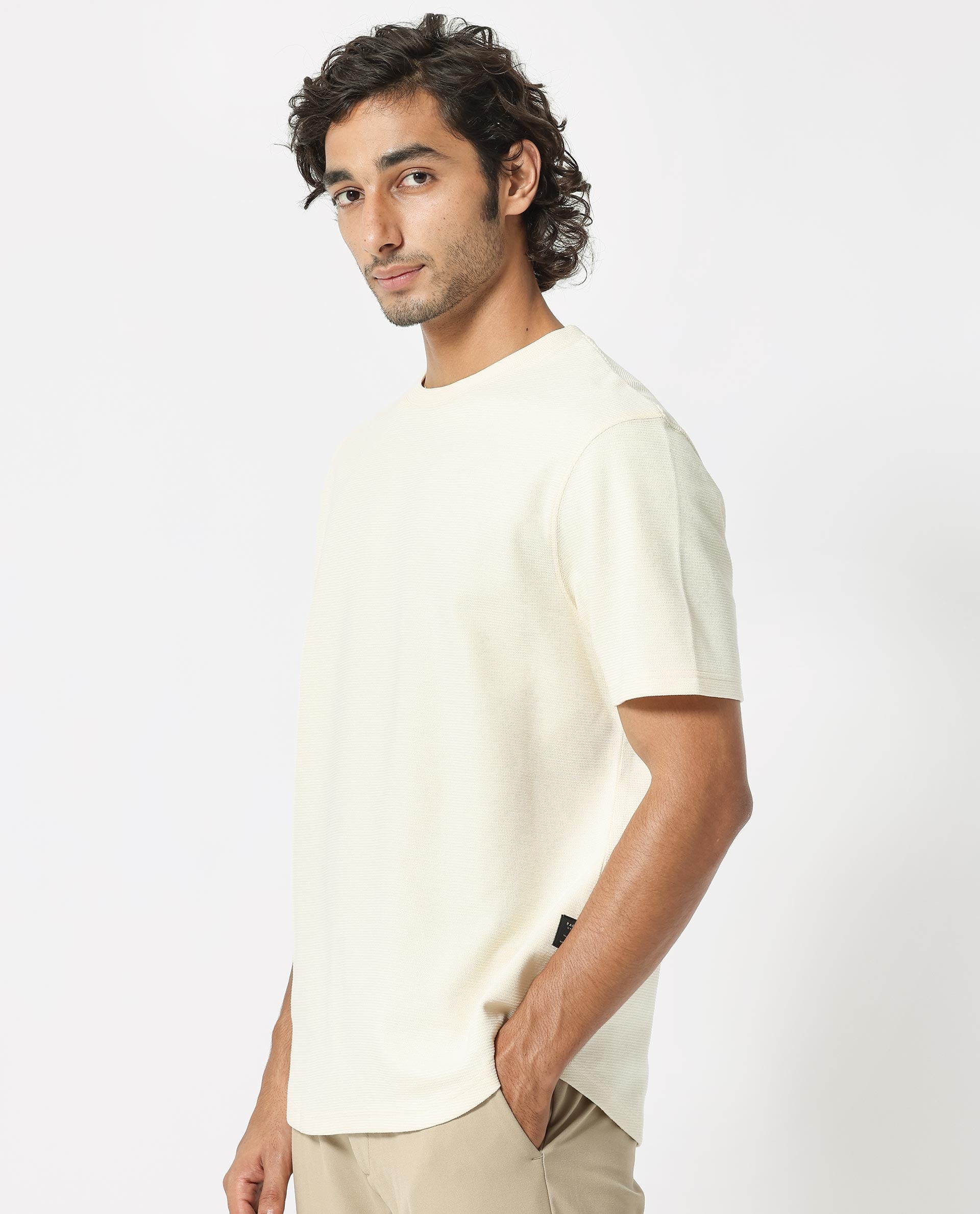 Rare Rabbit Men's Buenos Beige Solid Crew Neck Drop Shoulder Half Sleeves T-Shirt