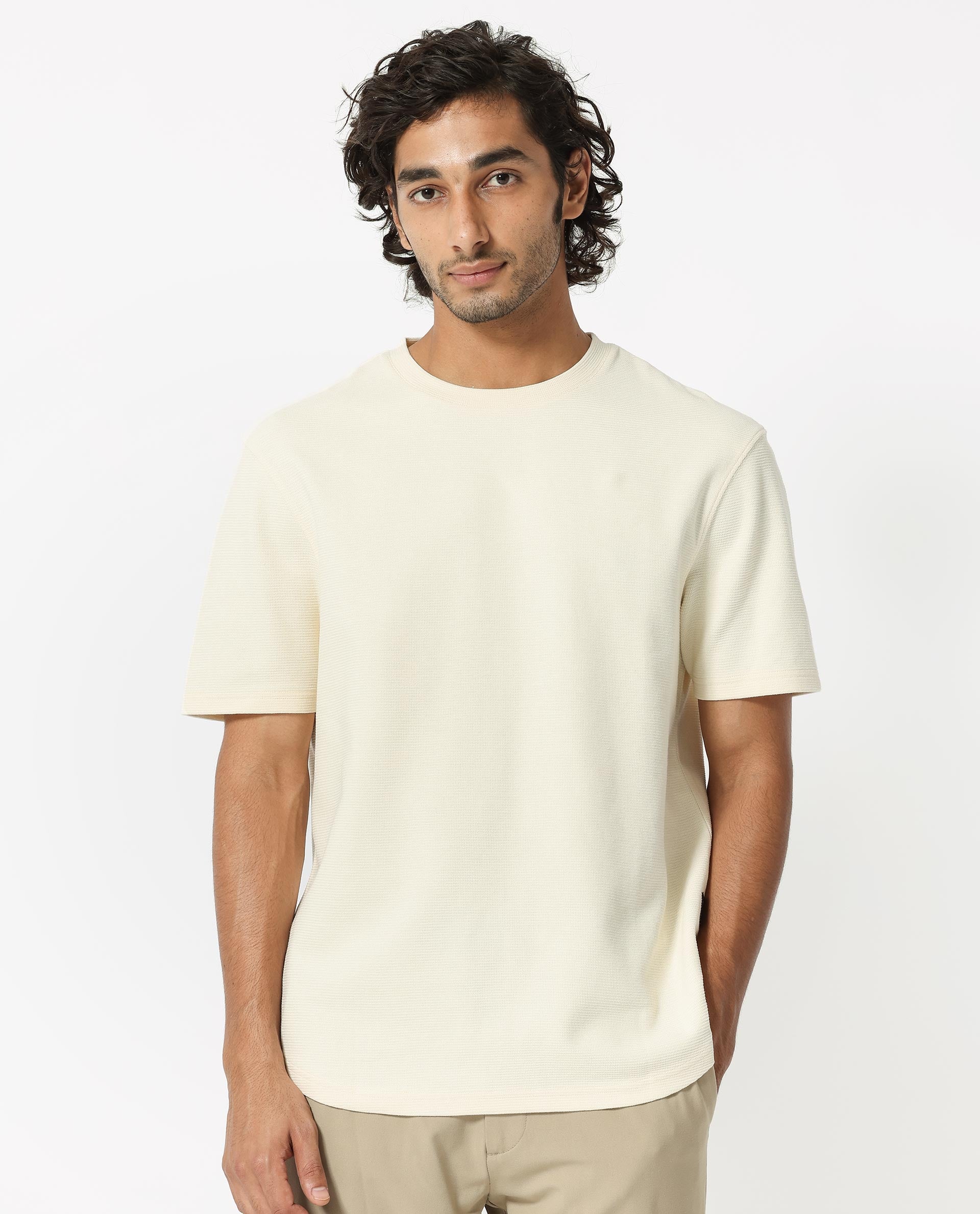 Rare Rabbit Men's Buenos Beige Solid Crew Neck Drop Shoulder Half Sleeves T-Shirt