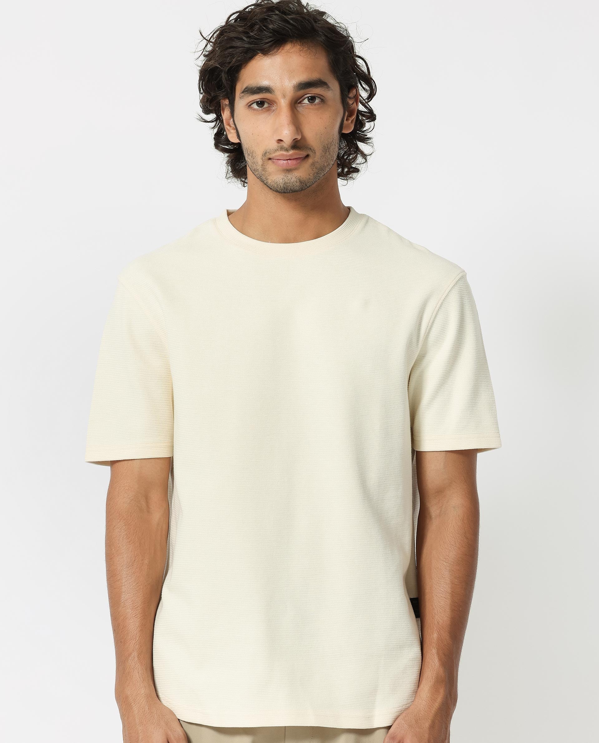 Rare Rabbit Men's Buenos Beige Solid Crew Neck Drop Shoulder Half Sleeves T-Shirt