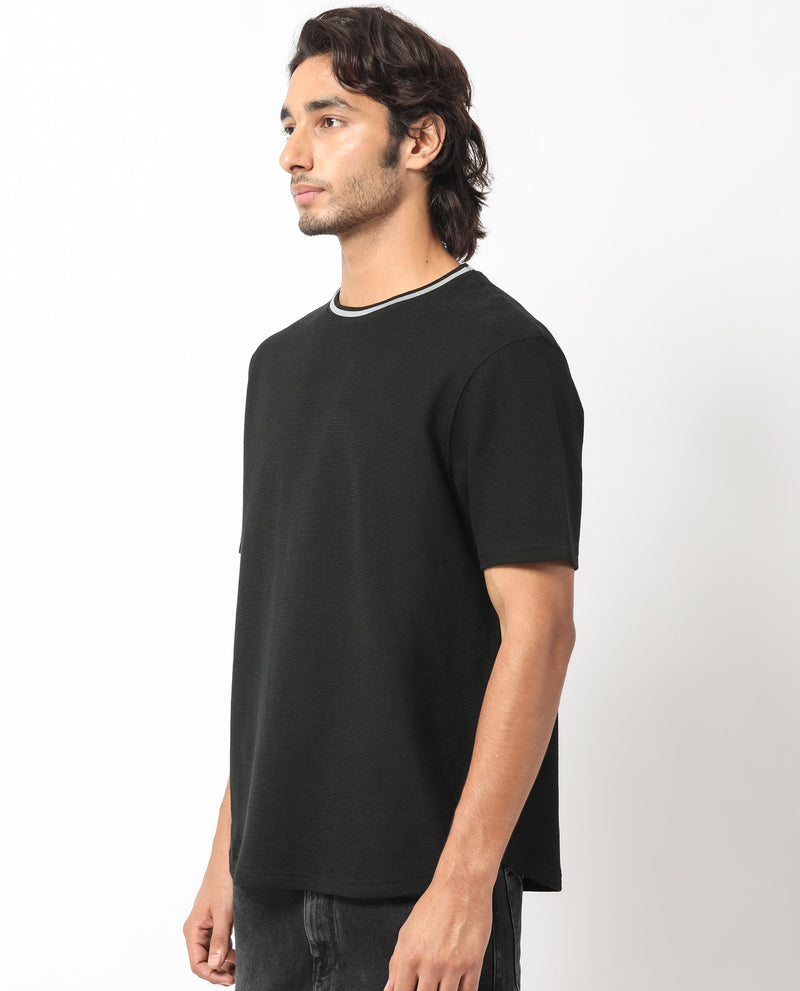 Rare Rabbit Men's Bueno Black Solid Crew Neck Drop Shoulder With Contrast Detailing On The Neck Half Sleeves T-Shirt