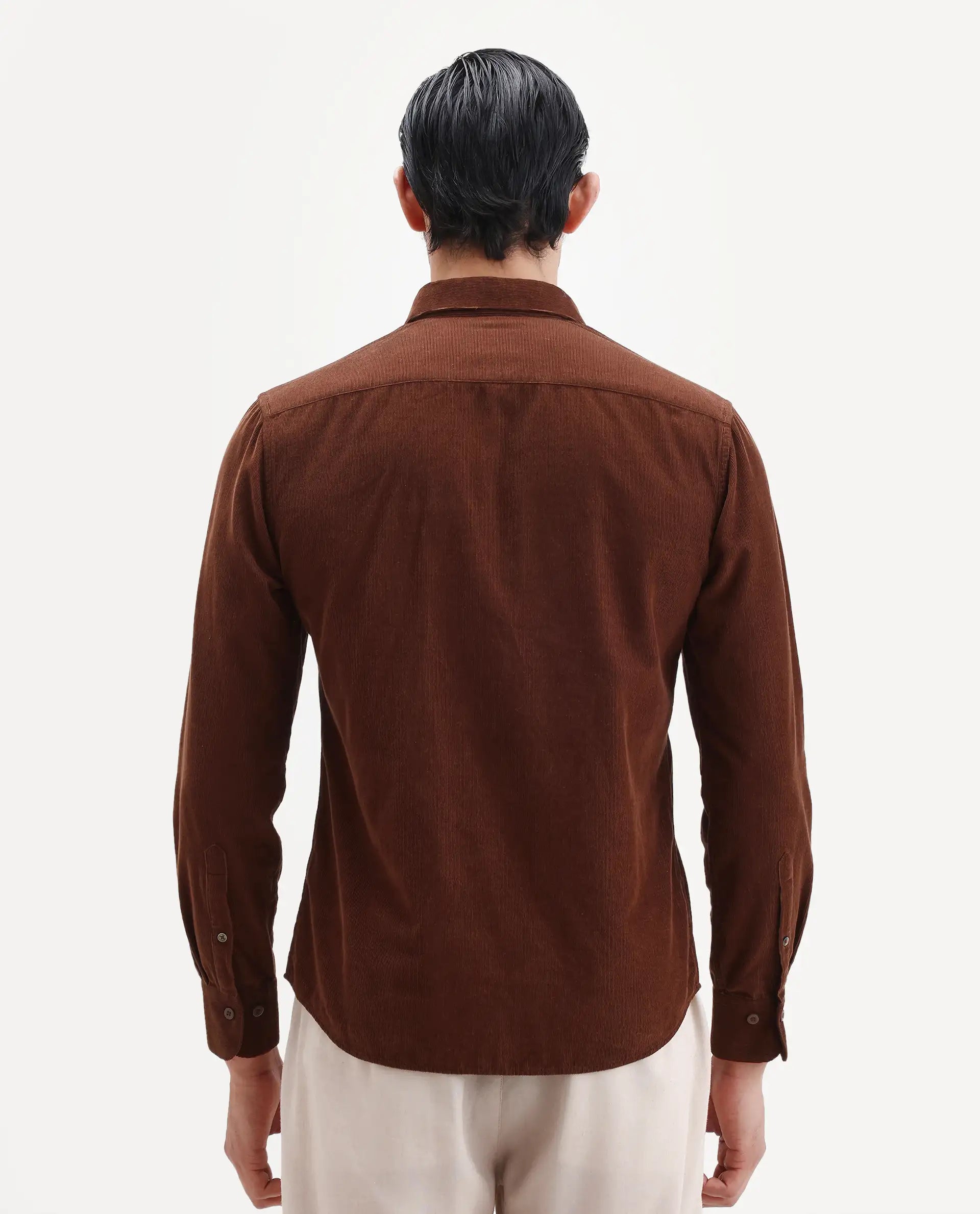 Rare Rabbit Men's Buita Dark Rust Cotton Plain Regular Fit Full Sleeve Collared Shirt