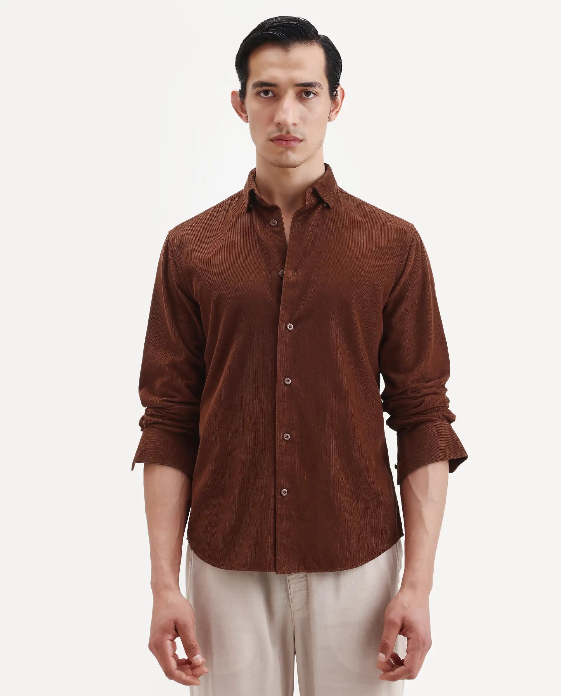 Rare Rabbit Men's Buita Dark Rust Cotton Plain Regular Fit Full Sleeve Collared Shirt