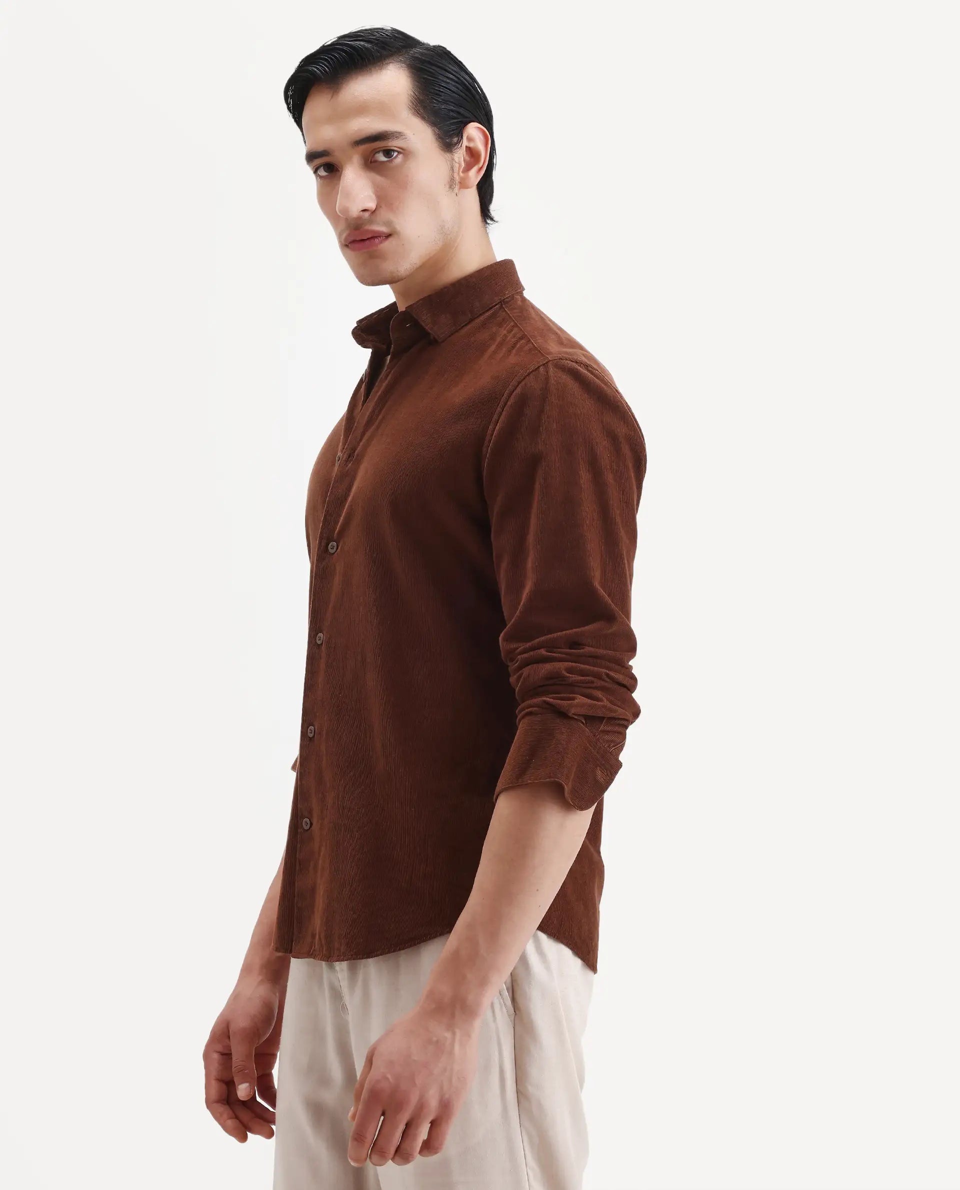 Rare Rabbit Men's Buita Dark Rust Cotton Plain Regular Fit Full Sleeve Collared Shirt