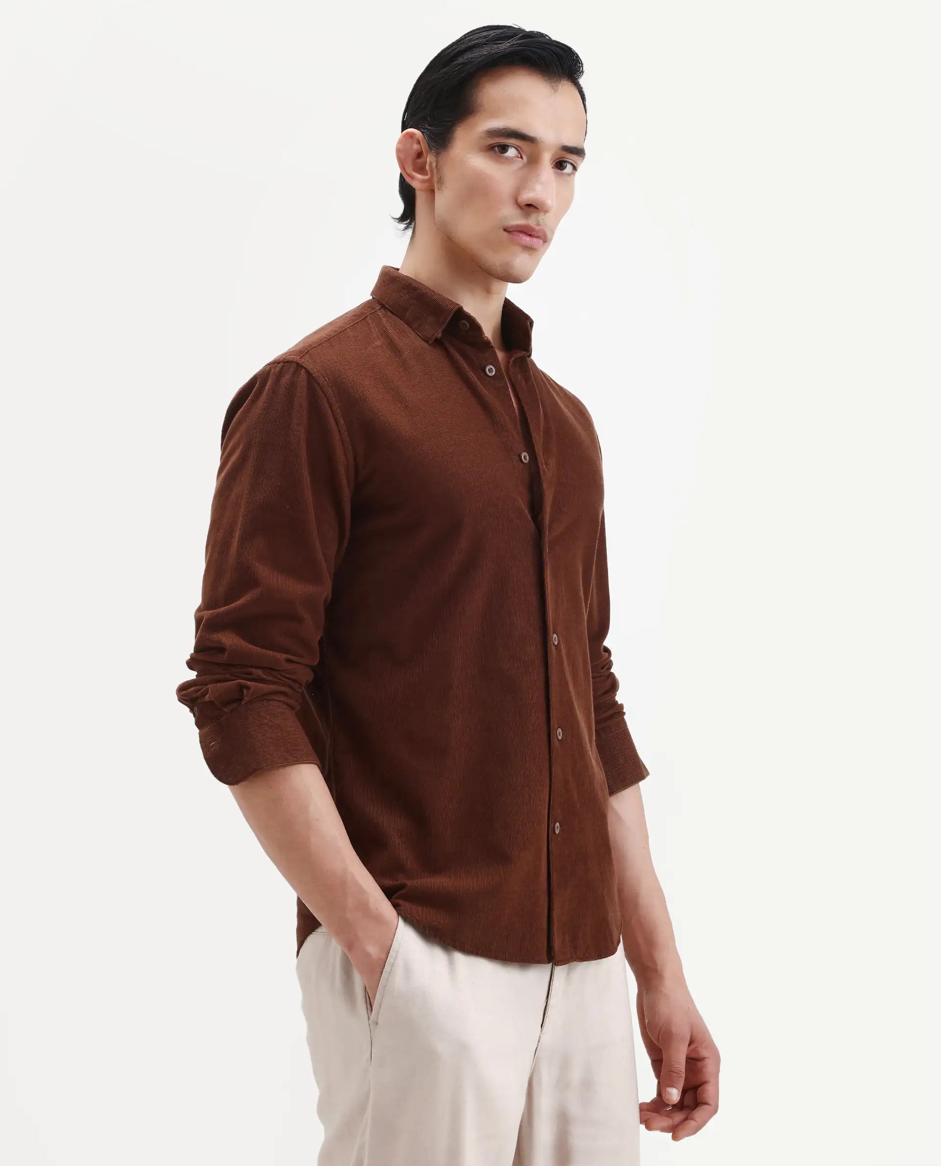Rare Rabbit Men's Buita Dark Rust Cotton Plain Regular Fit Full Sleeve Collared Shirt