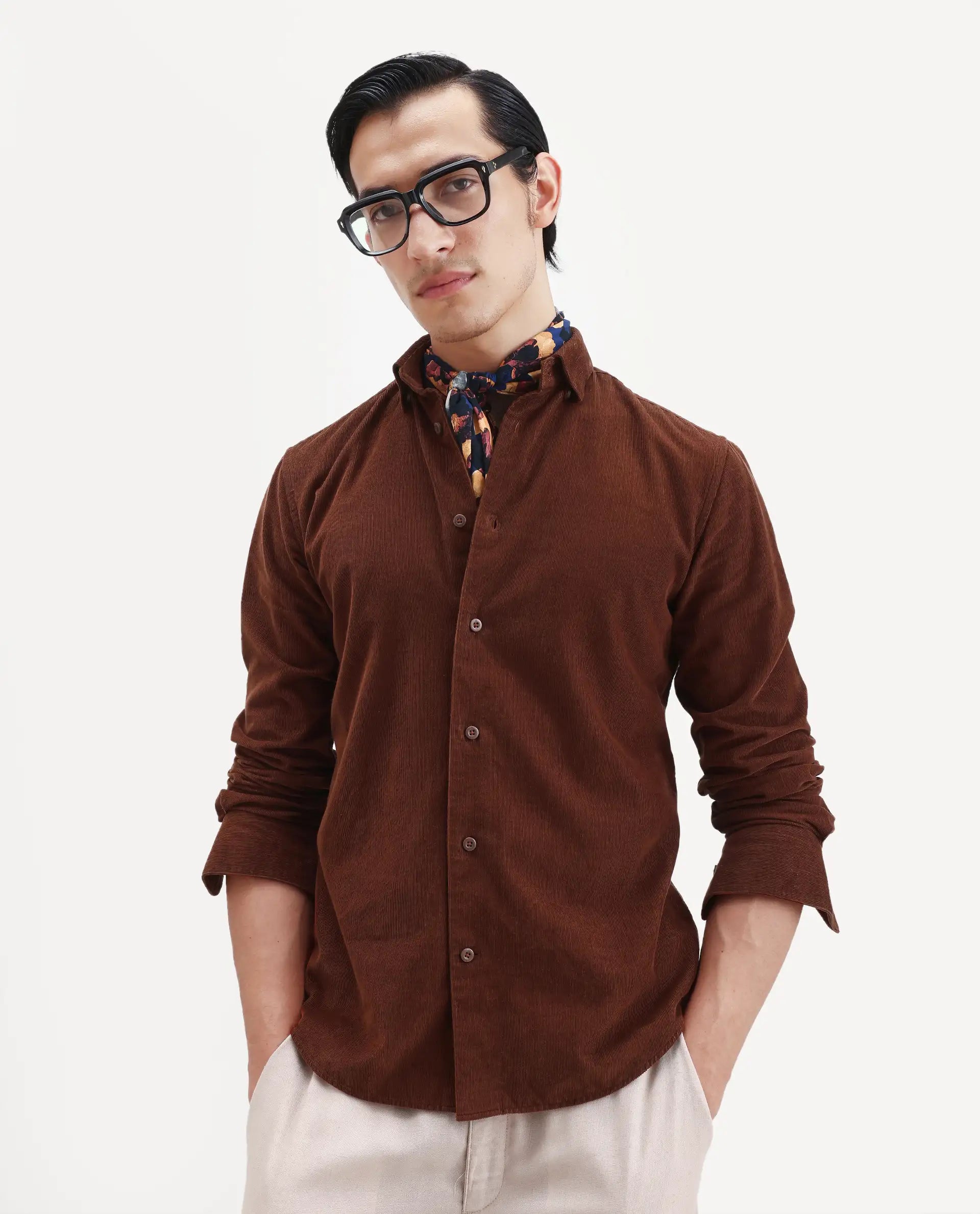 Rare Rabbit Men's Buita Dark Rust Cotton Plain Regular Fit Full Sleeve Collared Shirt