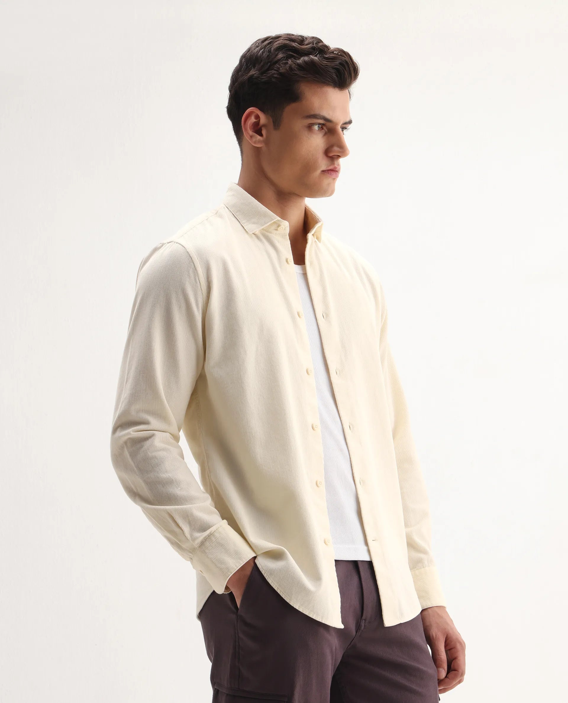 Rare Rabbit Men's Buita Off White Cotton Plain Regular Fit Full Sleeve Collared Shirt