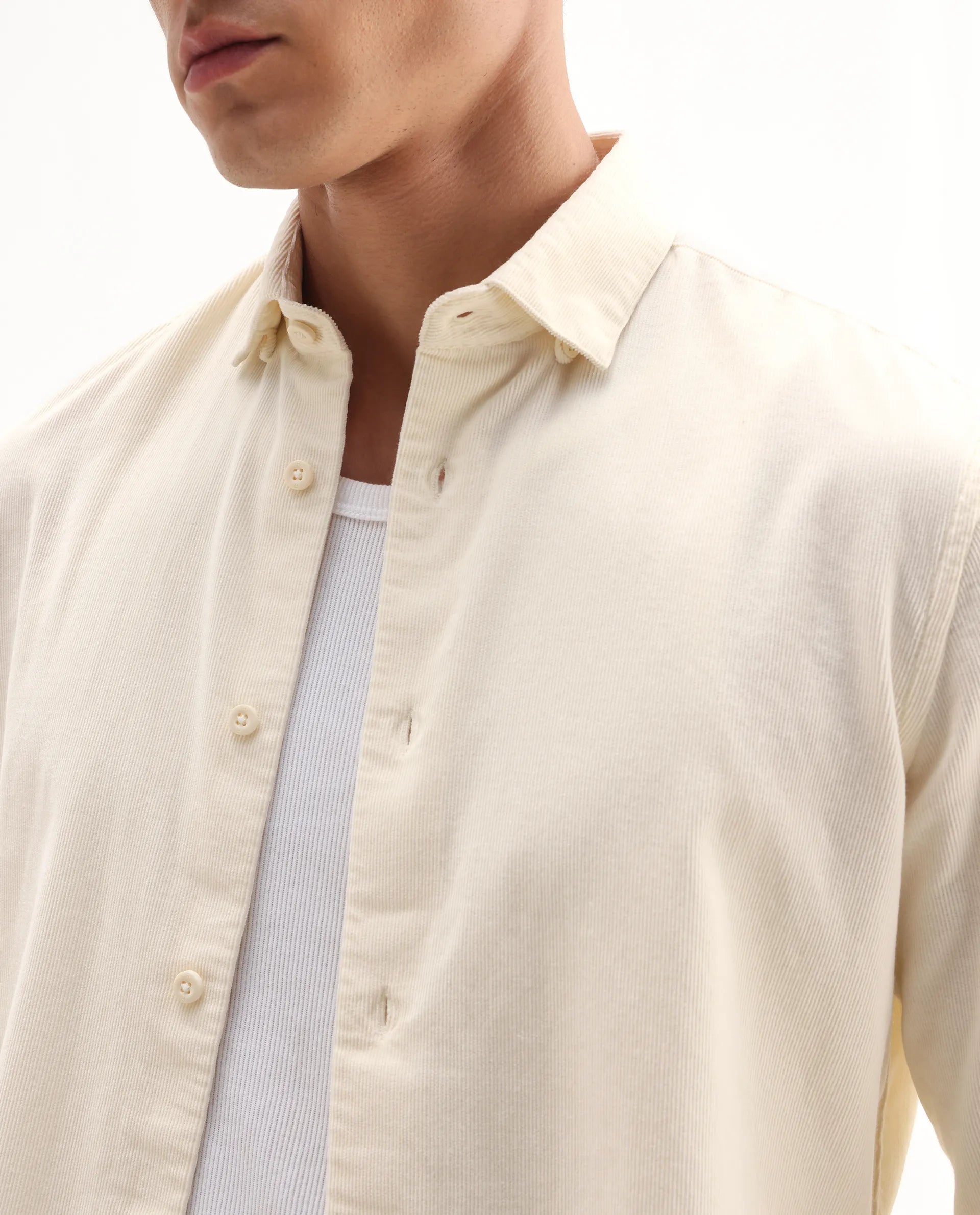 Rare Rabbit Men's Buita Off White Cotton Plain Regular Fit Full Sleeve Collared Shirt