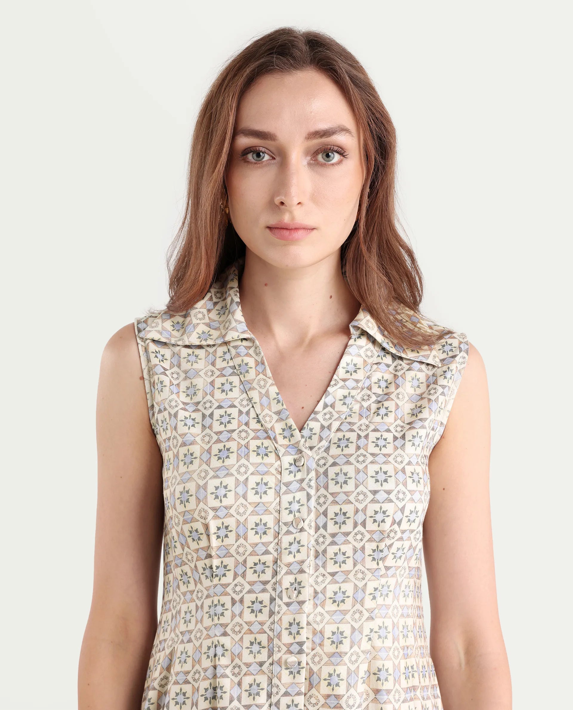 Rareism Women's Bujum Multi Linen Johnny Collar Geometric Print Sleeveless Midi A-Line Dress