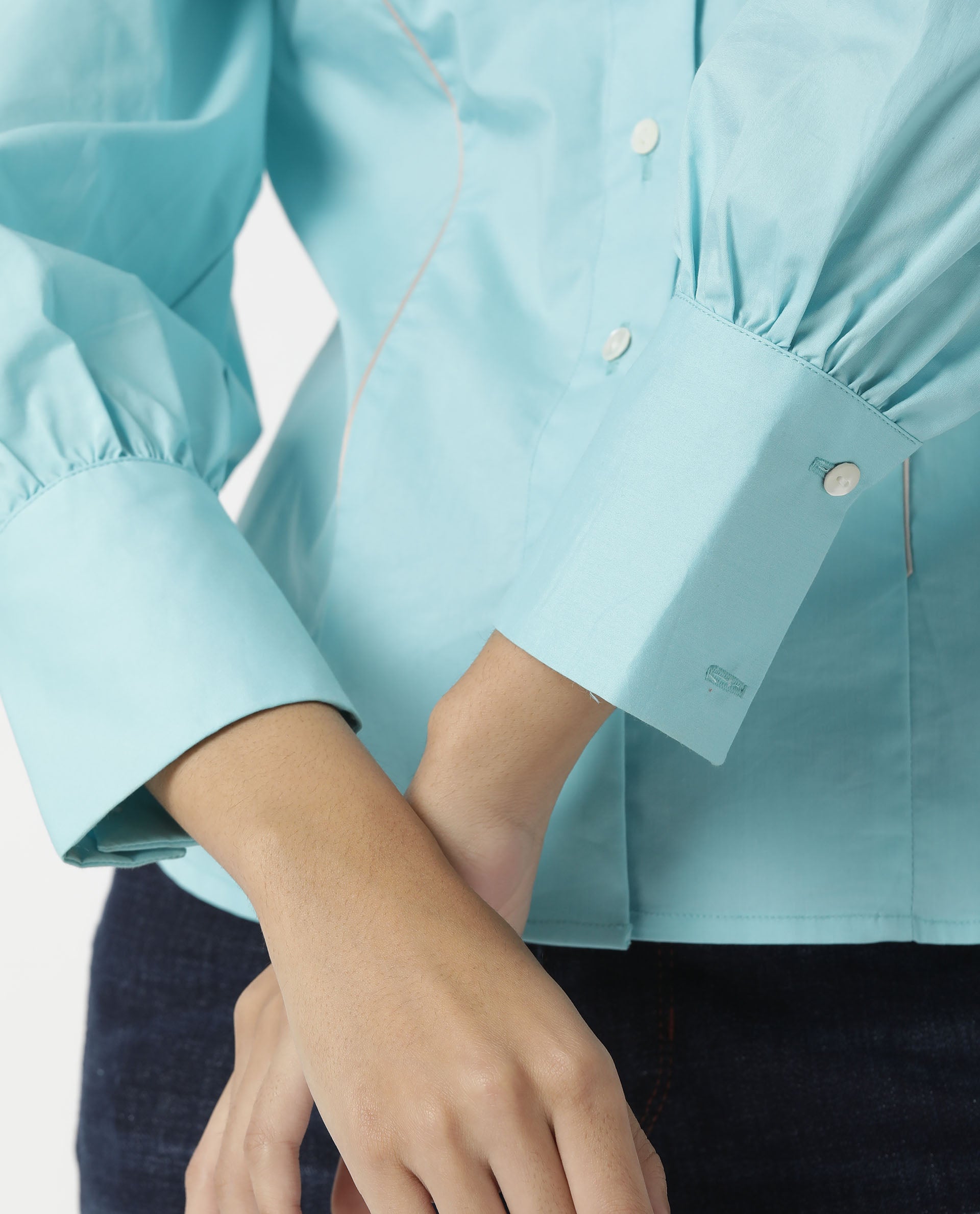 Rareism Women Bumble Blue Cotton Lycra Fabric Regular Fit Shirt Collar Full Sleeves Solid Top