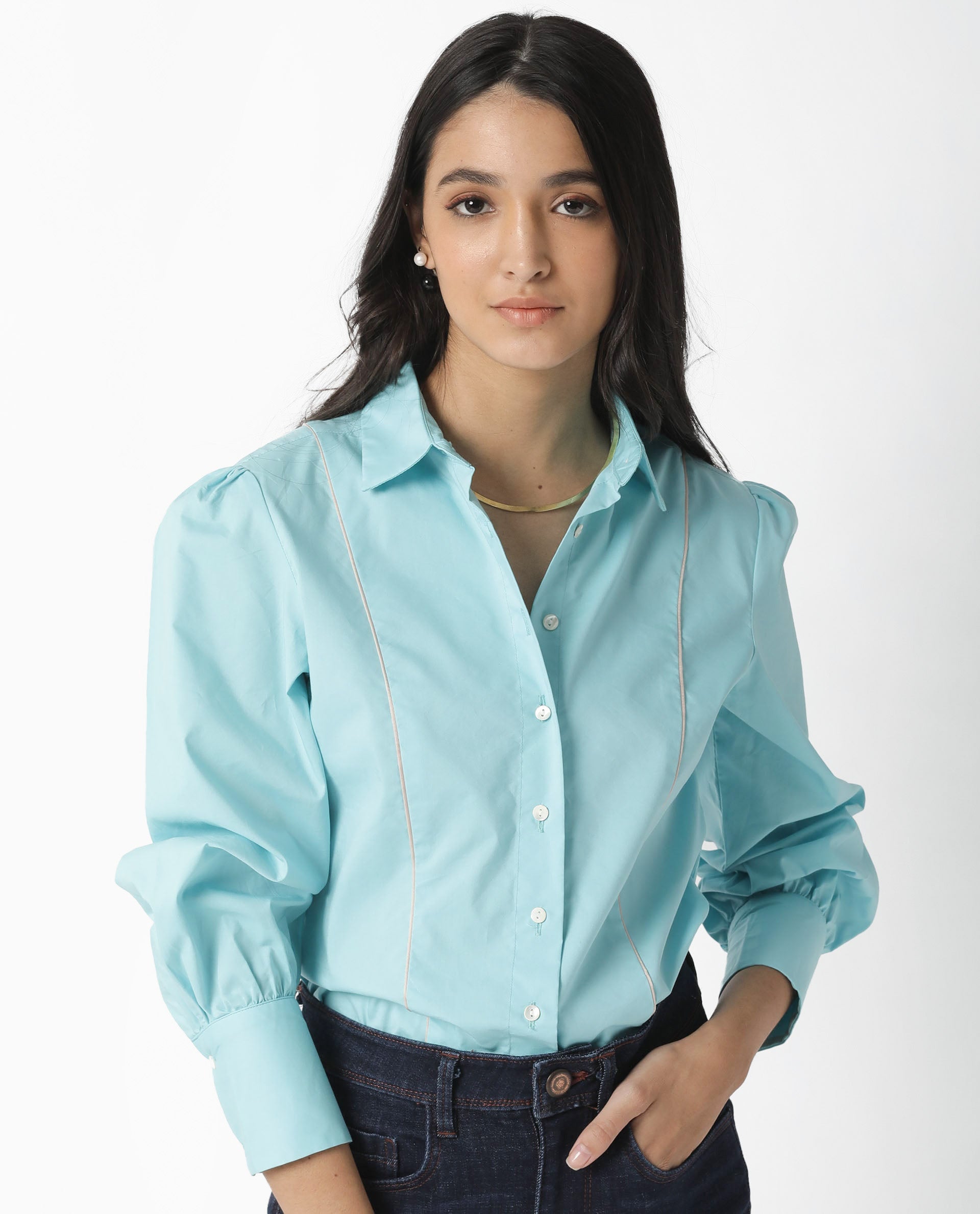 Rareism Women Bumble Blue Cotton Lycra Fabric Regular Fit Shirt Collar Full Sleeves Solid Top