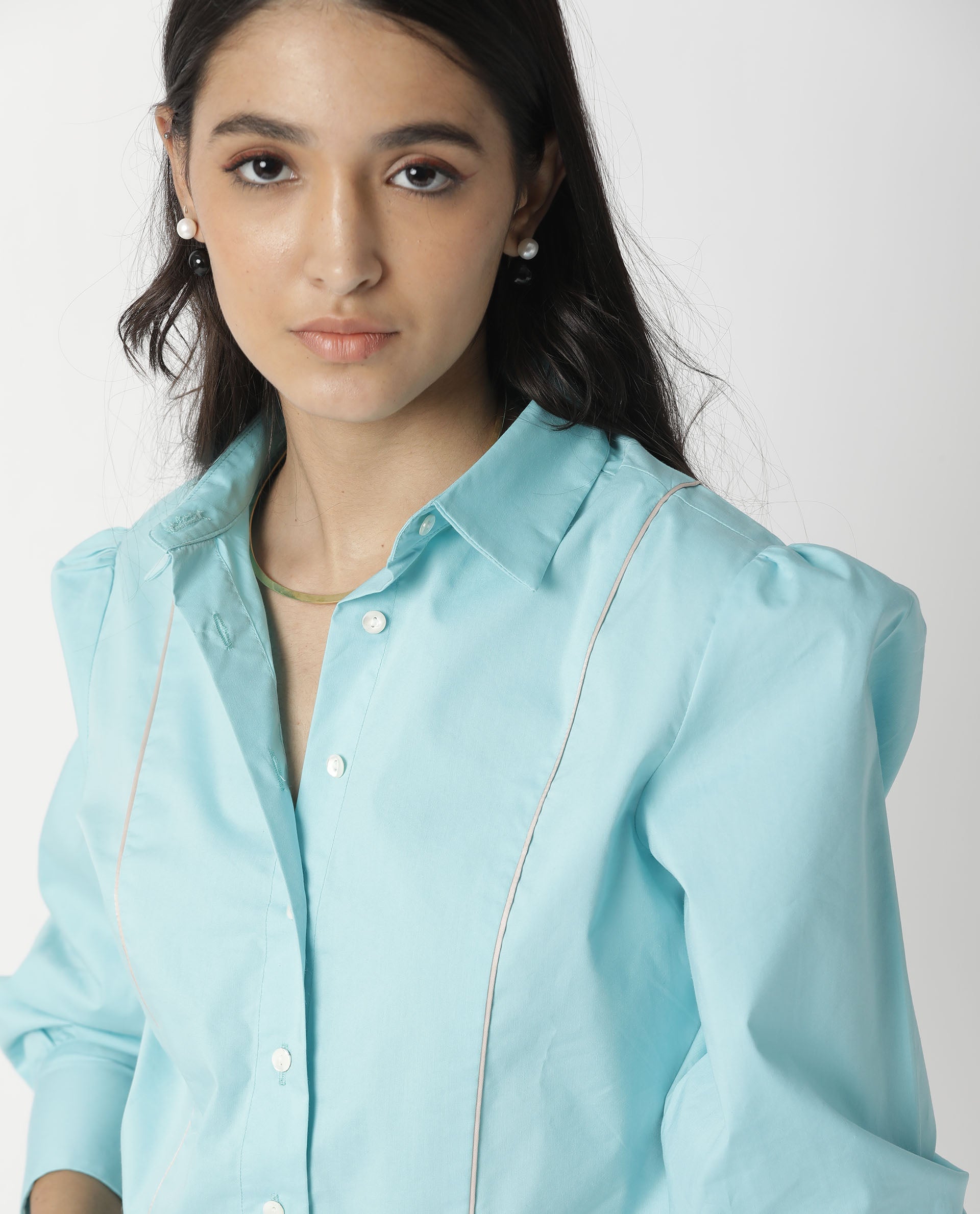 Rareism Women Bumble Blue Cotton Lycra Fabric Regular Fit Shirt Collar Full Sleeves Solid Top