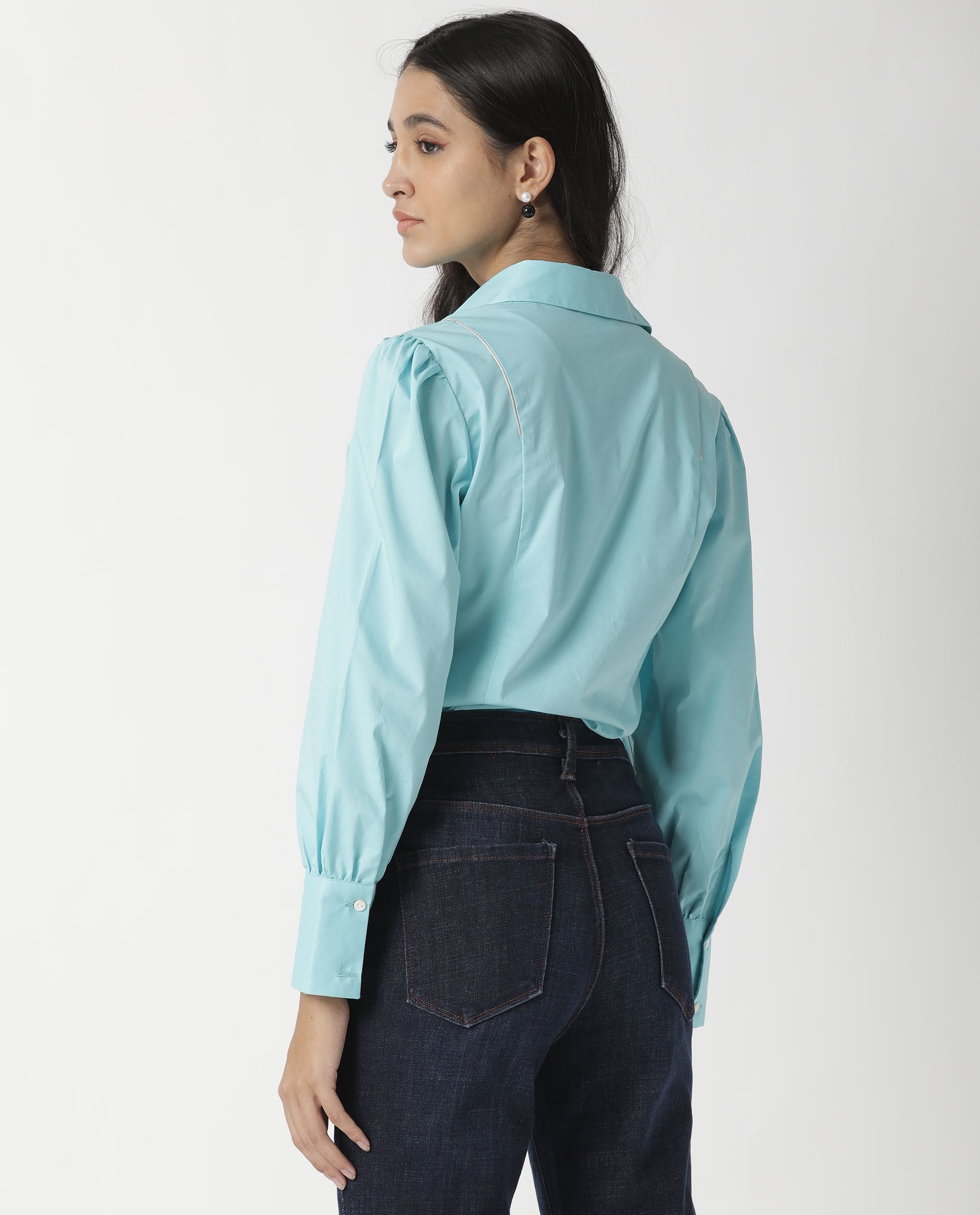 Rareism Women Bumble Blue Cotton Lycra Fabric Regular Fit Shirt Collar Full Sleeves Solid Top