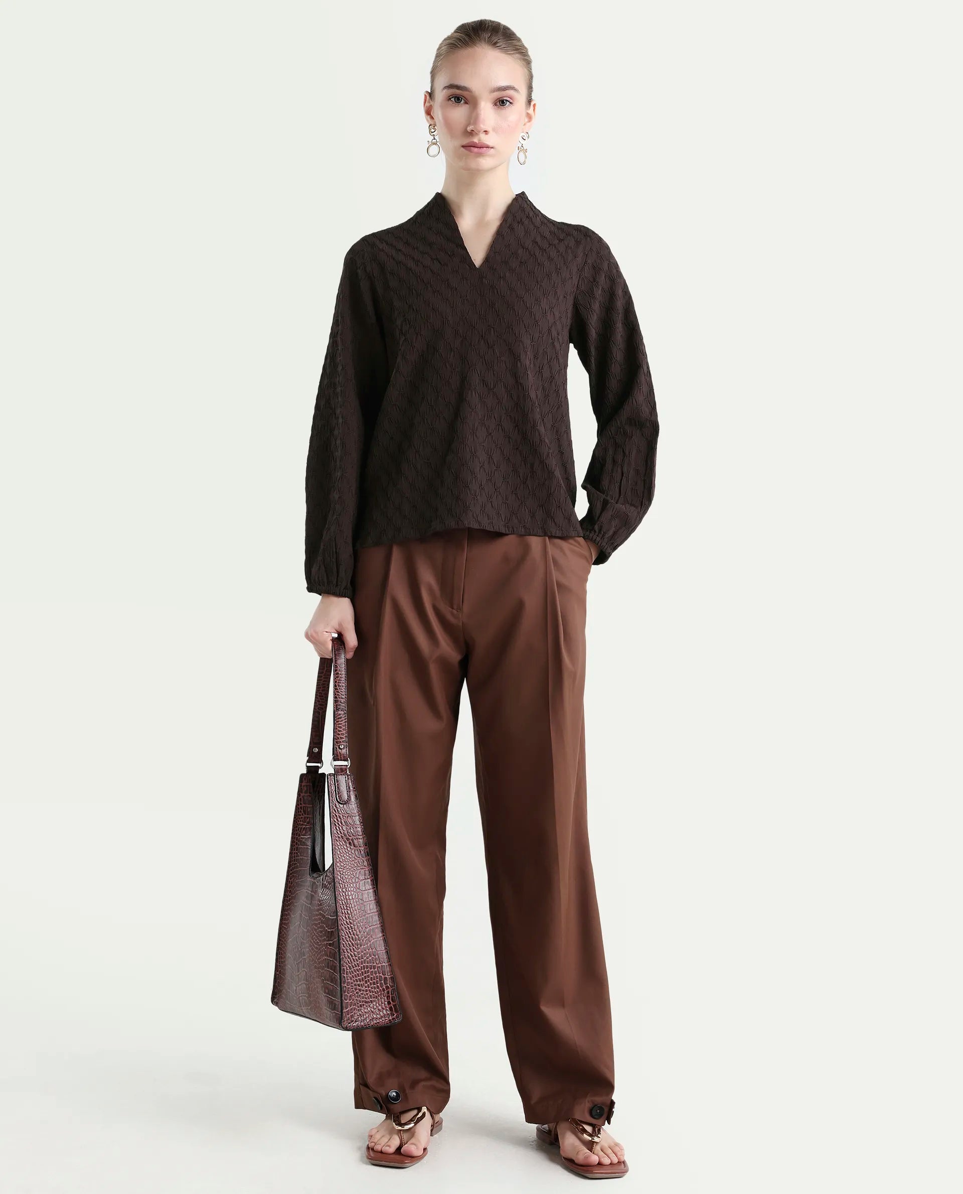 Rareism Women's Bummo Brown Polyester V-Neck Plain Balloon Sleeve Regular Fit Top