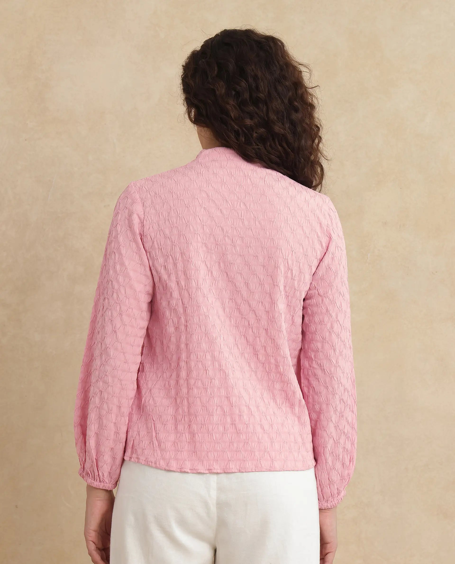 Rareism Women Bummo Light Pink Balloon Sleeve V-Neck Regular Fit Plain Top