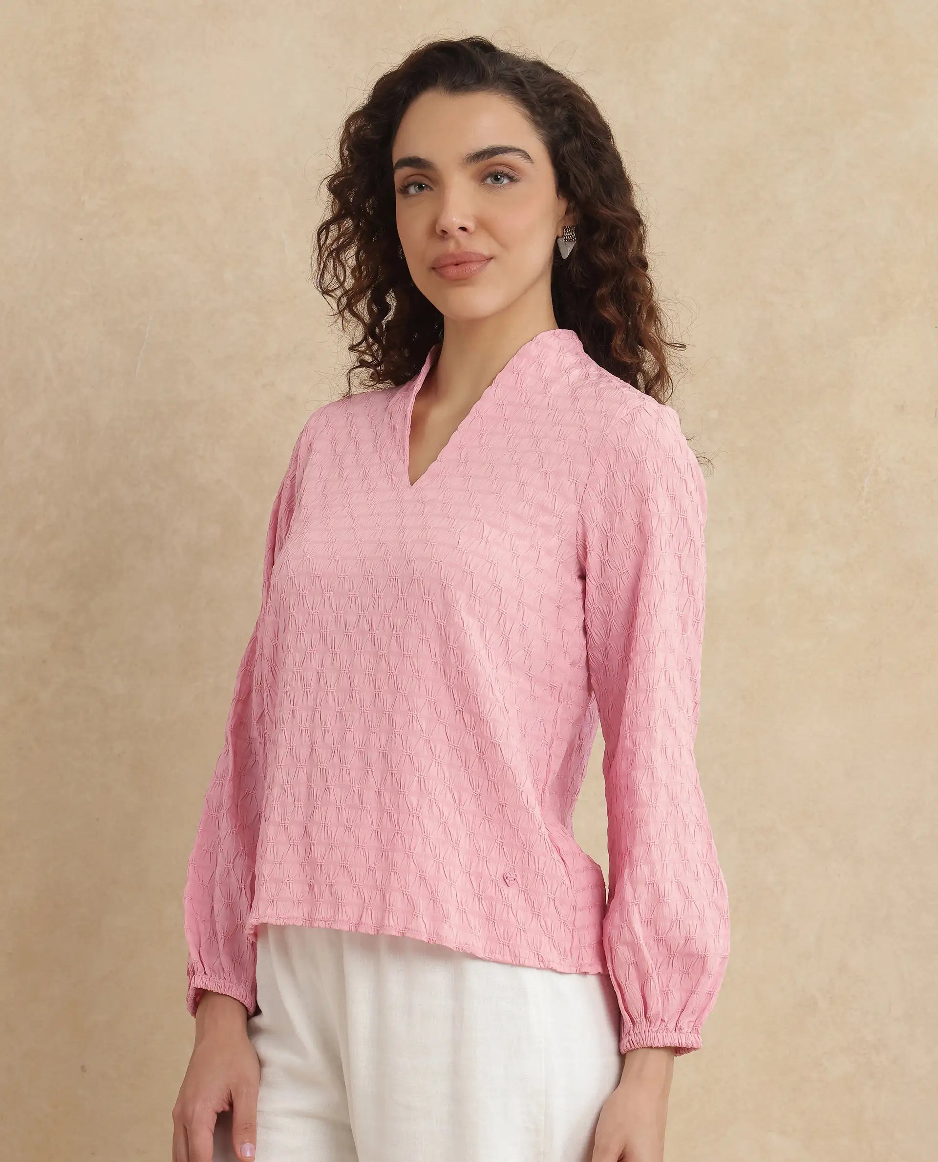 Rareism Women Bummo Light Pink Balloon Sleeve V-Neck Regular Fit Plain Top