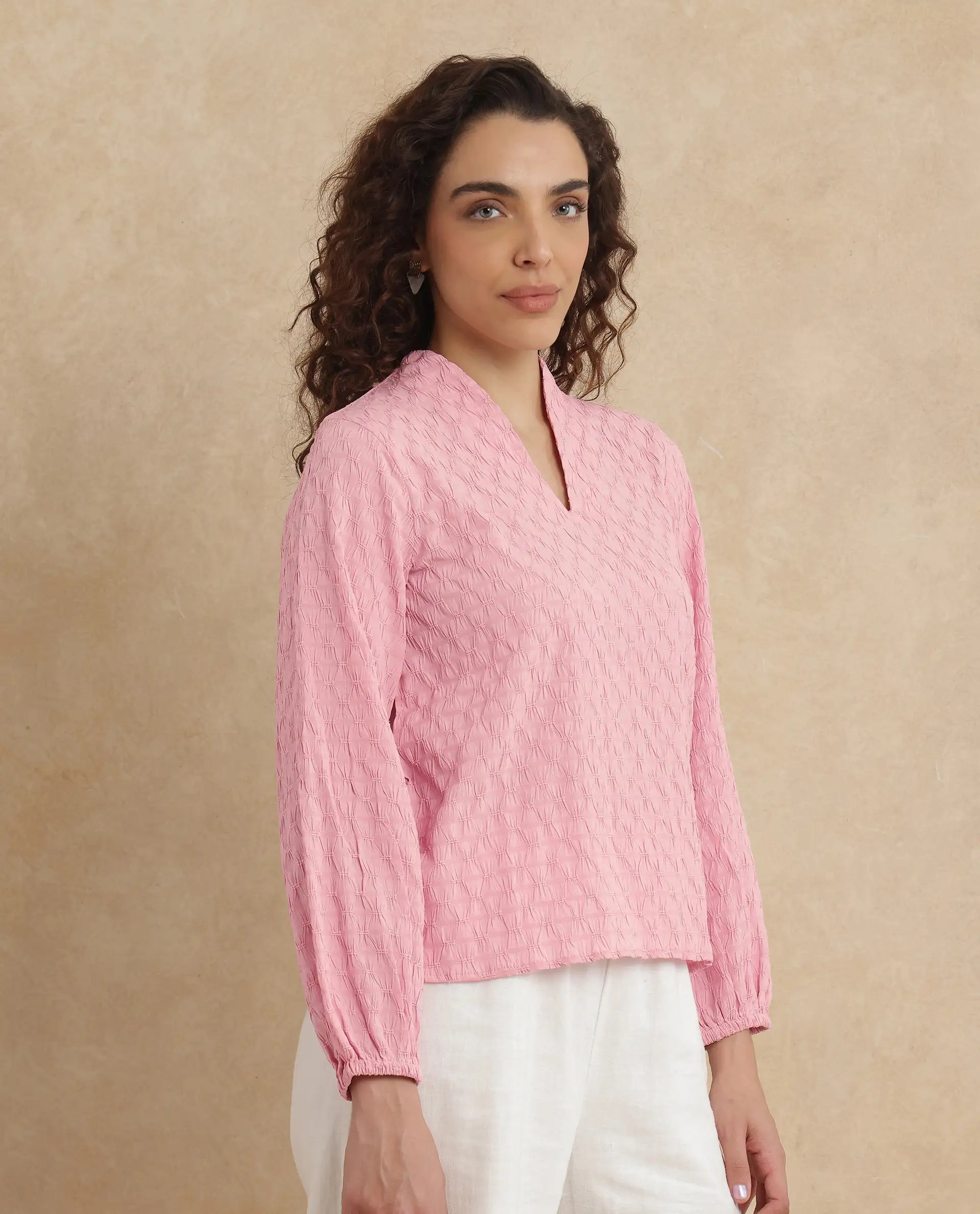 Rareism Women Bummo Light Pink Balloon Sleeve V-Neck Regular Fit Plain Top