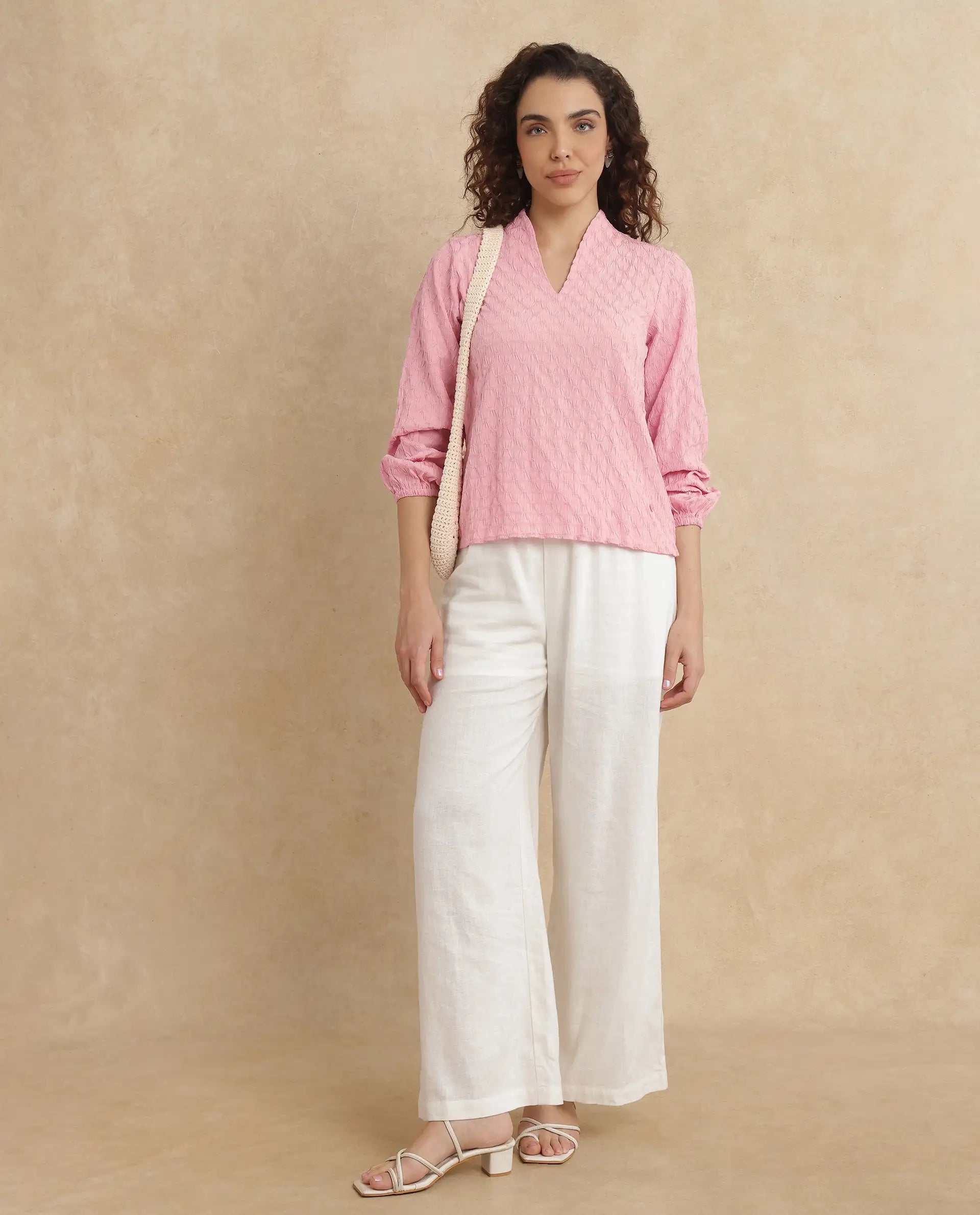 Rareism Women Bummo Light Pink Balloon Sleeve V-Neck Regular Fit Plain Top