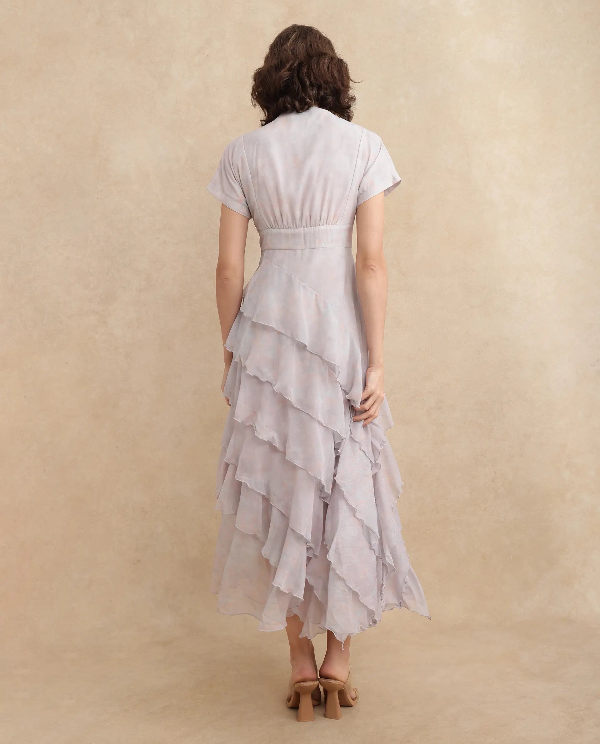 Rareism Women Bunf Beige Sleeveless Built Up Neck Flared Midi Abstract Print Dress