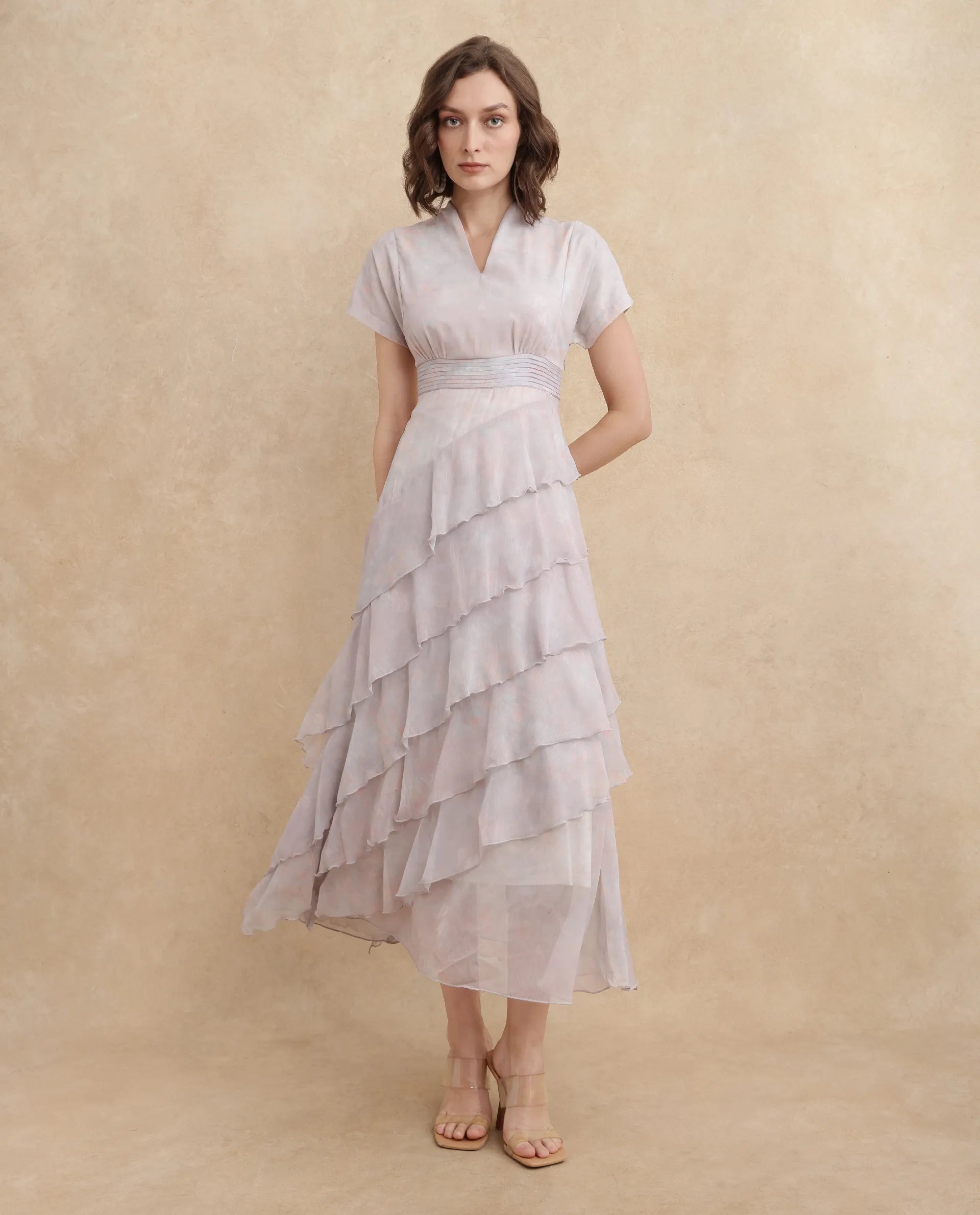 Rareism Women Bunf Beige Sleeveless Built Up Neck Flared Midi Abstract Print Dress