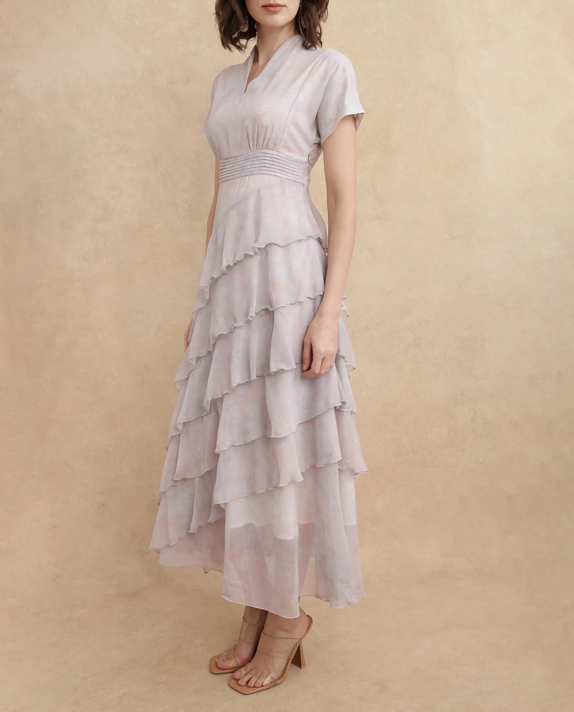 Rareism Women Bunf Beige Sleeveless Built Up Neck Flared Midi Abstract Print Dress